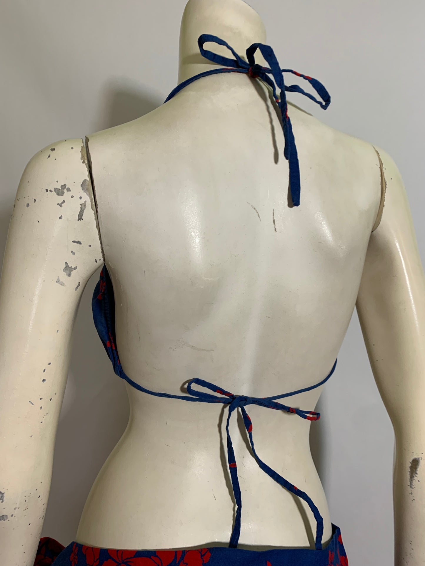 Bold Blue and Red Tropical Flower Print Low Rise Bikini with Sarong Wrap circa 1970s