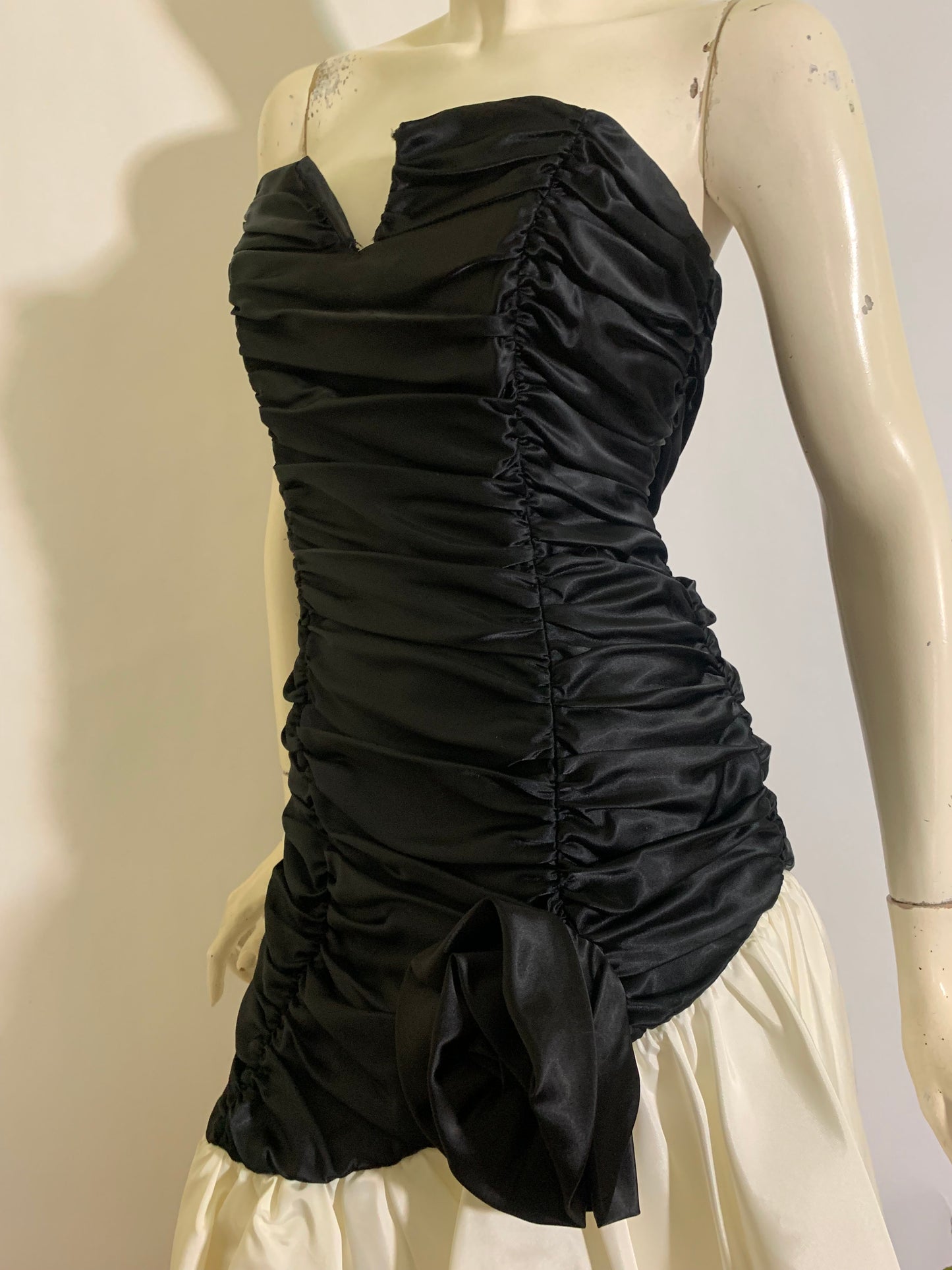 Strapless Ruched Bodice Party Dress with Lace Trimmed Asymmetrical Skirt circa 1980s