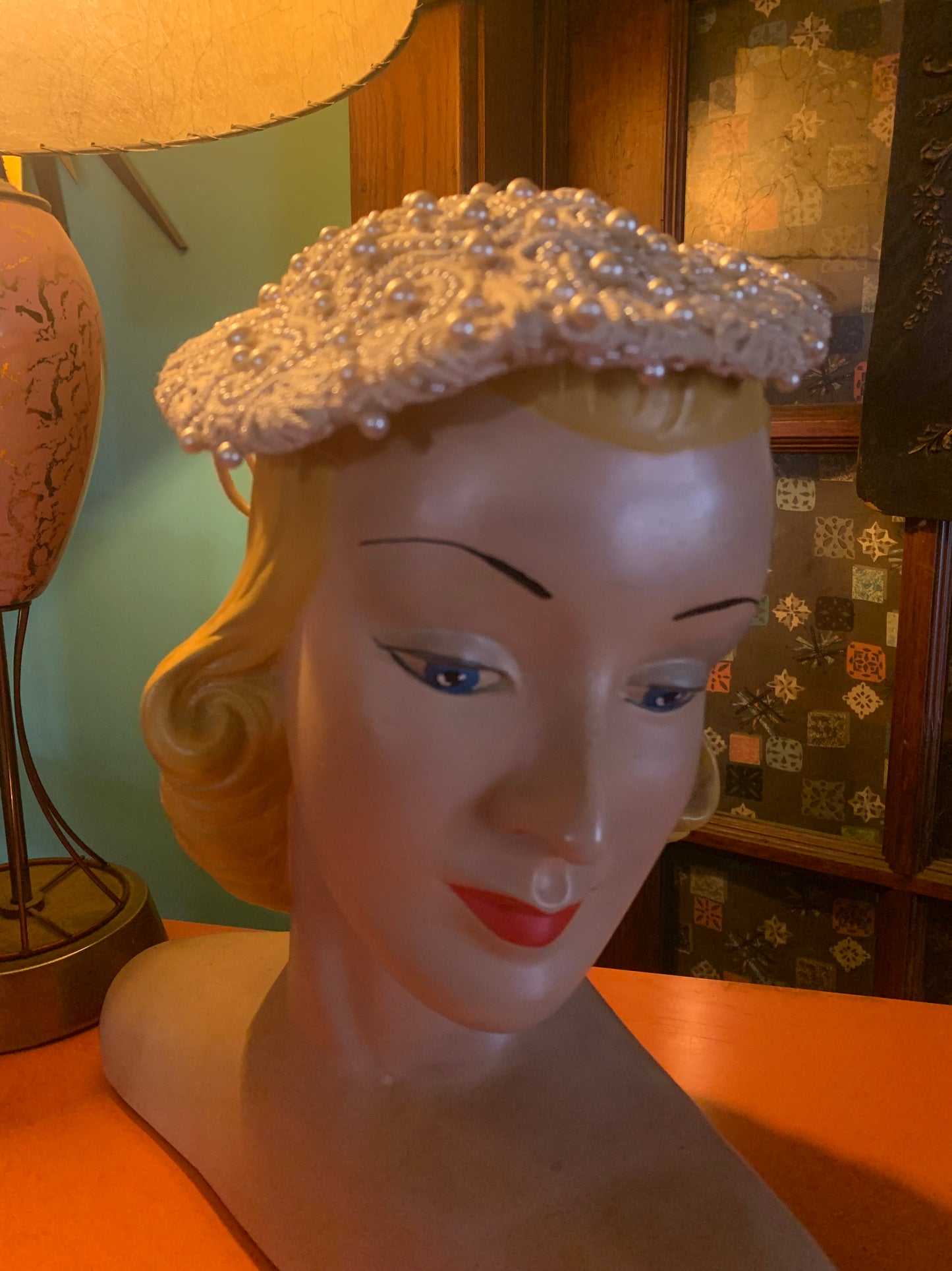 Warm White Pretty Faux Pearl Adorned Cocktail Hat circa 1950s