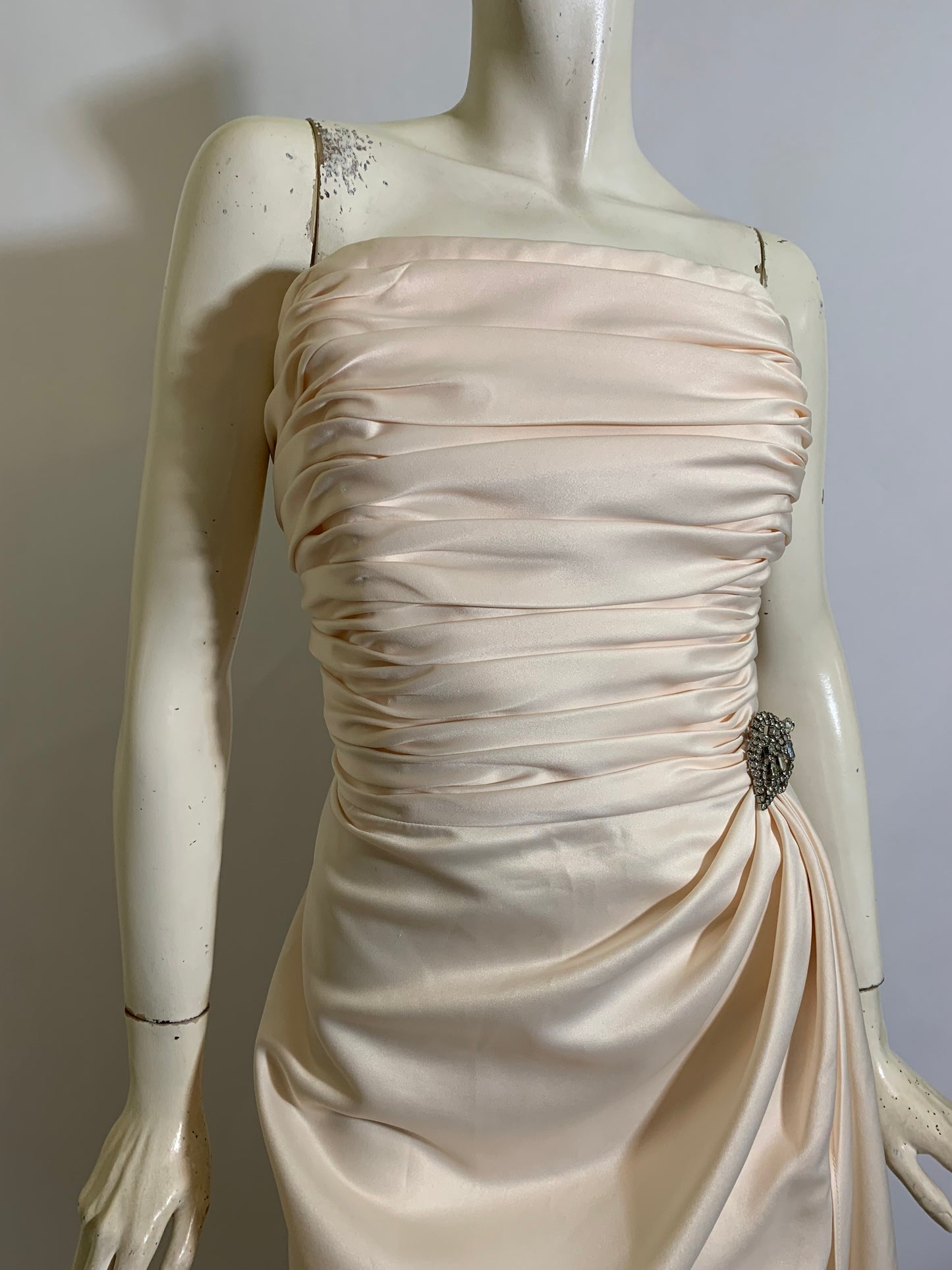 Pale Champagne Strapless Evening Gown with Ruched Shoulder Wrap circa 1980s