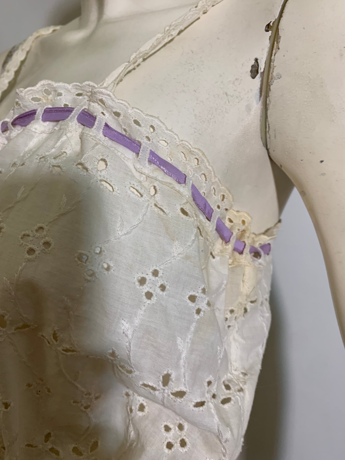 White Eyelet Cotton Bodice Cover Camisole with Lavender Ribbon circa 1910s