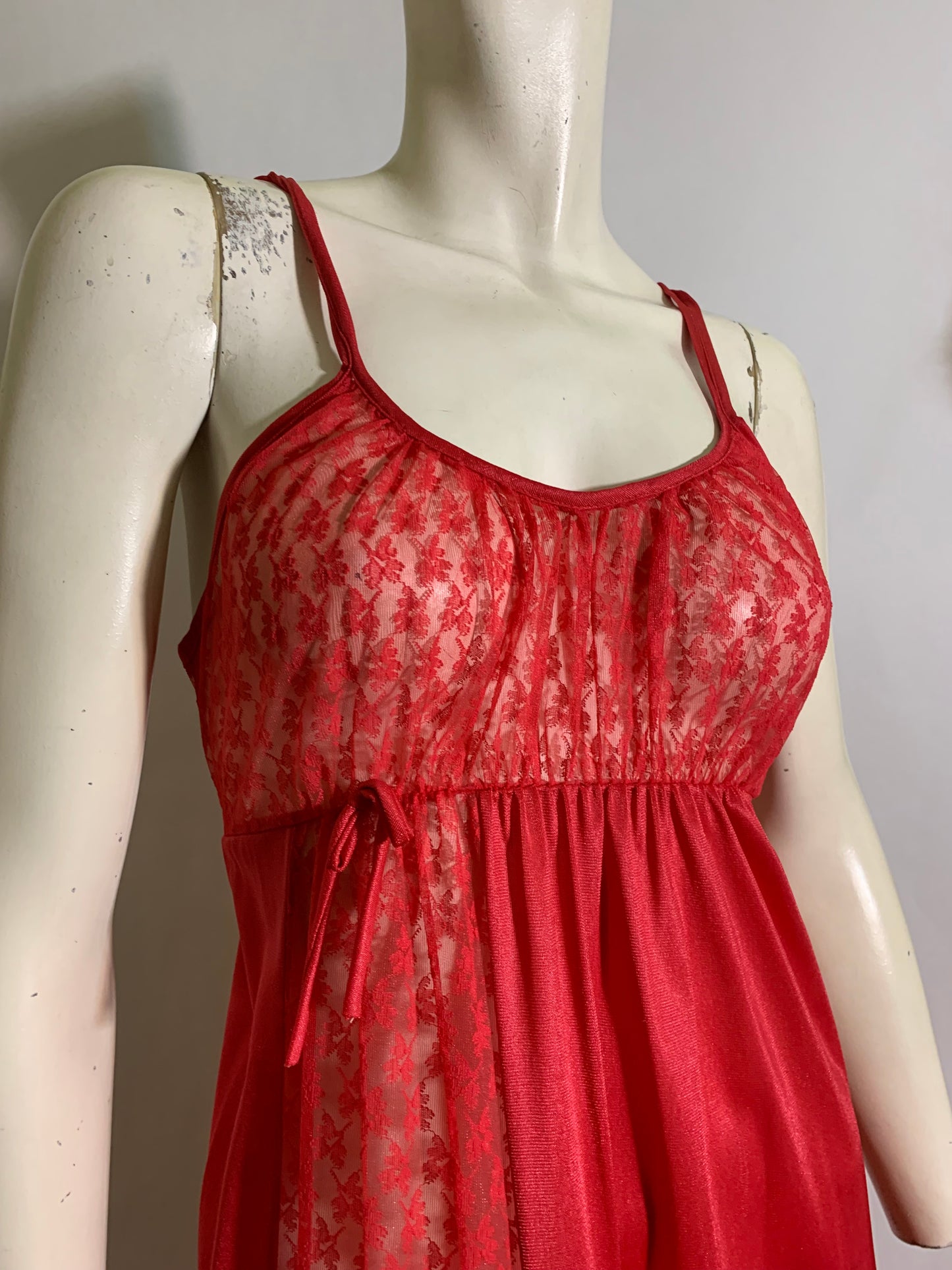 Lipstick Red Nylon and Lace Empire Waist Nightgown circa 1970s