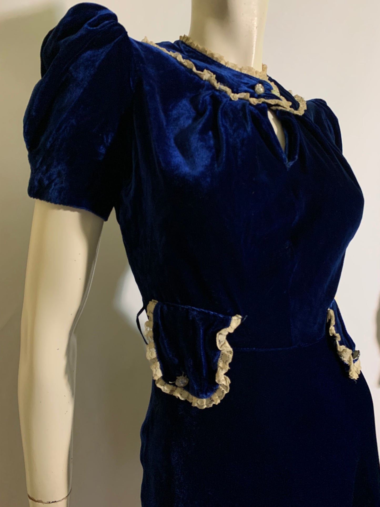 Sapphire Blue Silk Velvet Puff Sleeve Dress Glass Button & Lace Accents circa 1930s XS