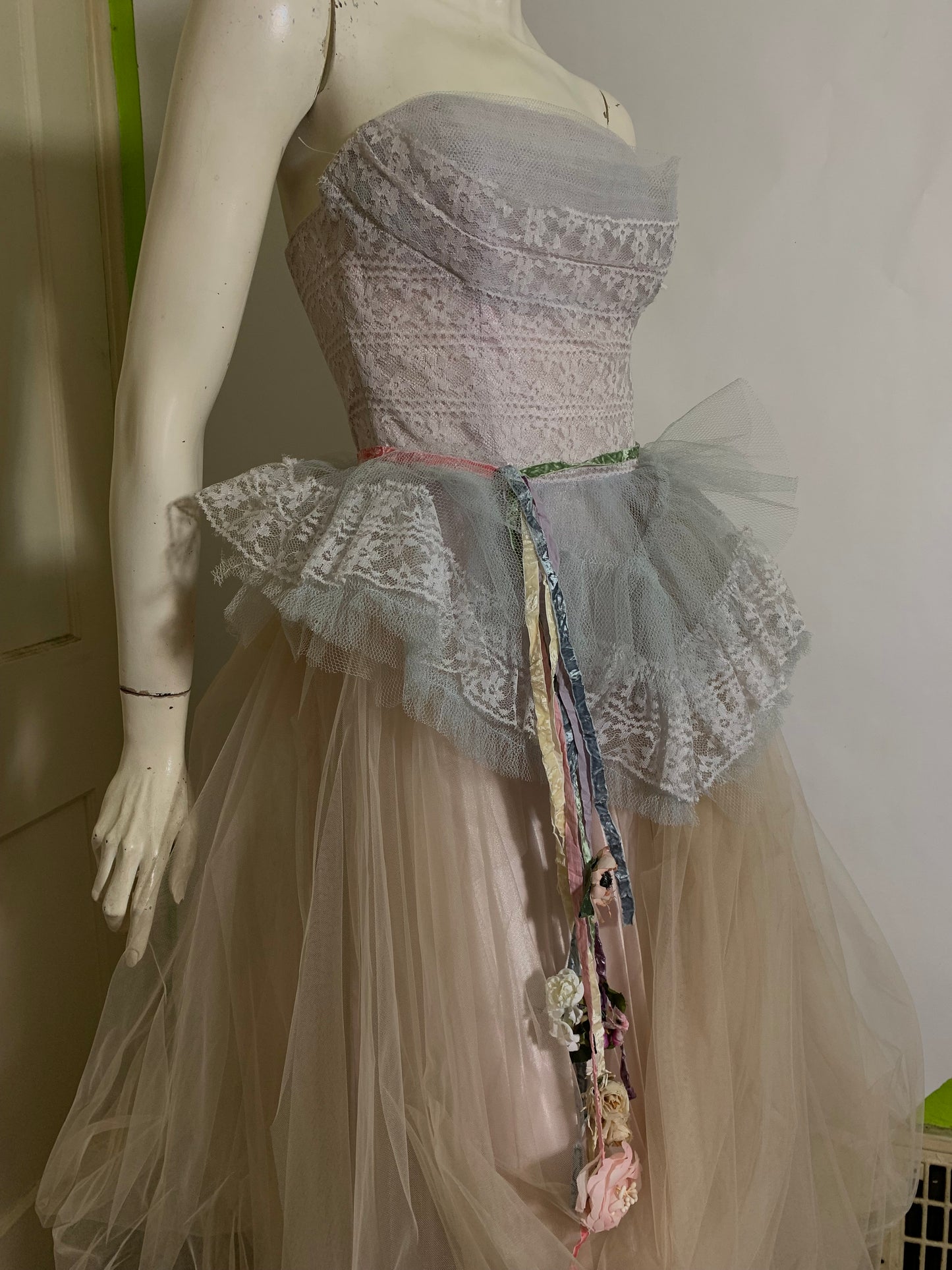 Nimue- the Reimagined Baby Blue and Pink Tulle Dress Flowers on Ribbons