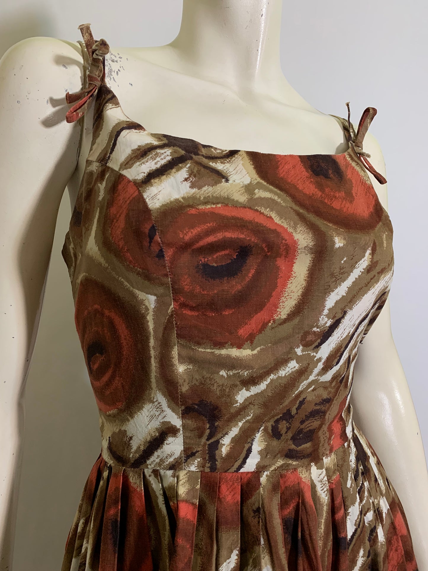 Cocoa and Orange Abstract Rose Print Sun Dress circa 1960s