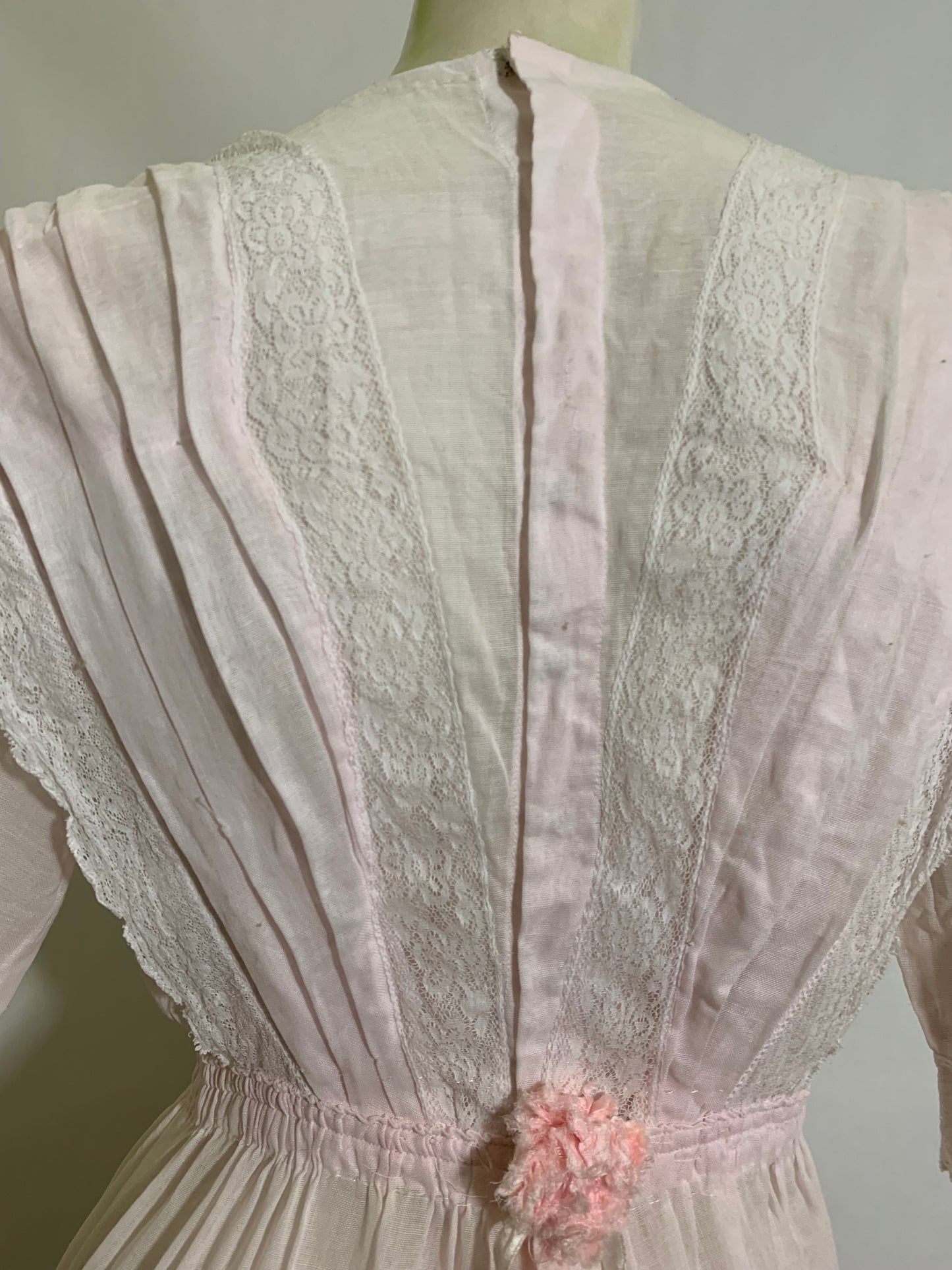 Palest Petal Pink Semi-Sheer Pink Cotton Edwardian Dress with Rosettes and Ribbon circa 1910s