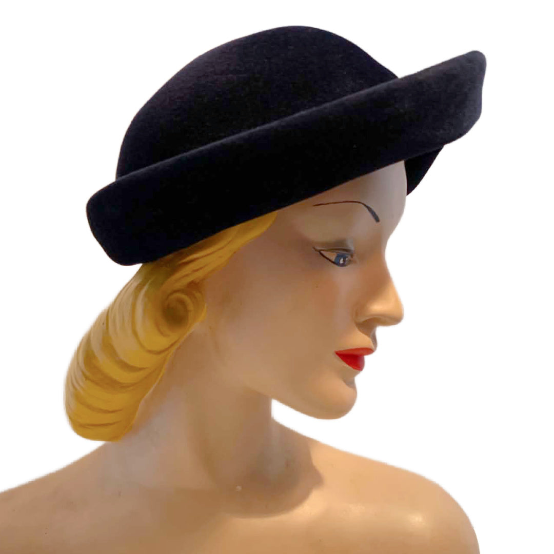 Midnight Blue Felted Wool Asymmetrical Hat with Rhinestones circa 1950s