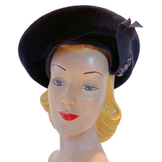 Midnight Blue Felted Wool Asymmetrical Hat with Rhinestones circa 1950s
