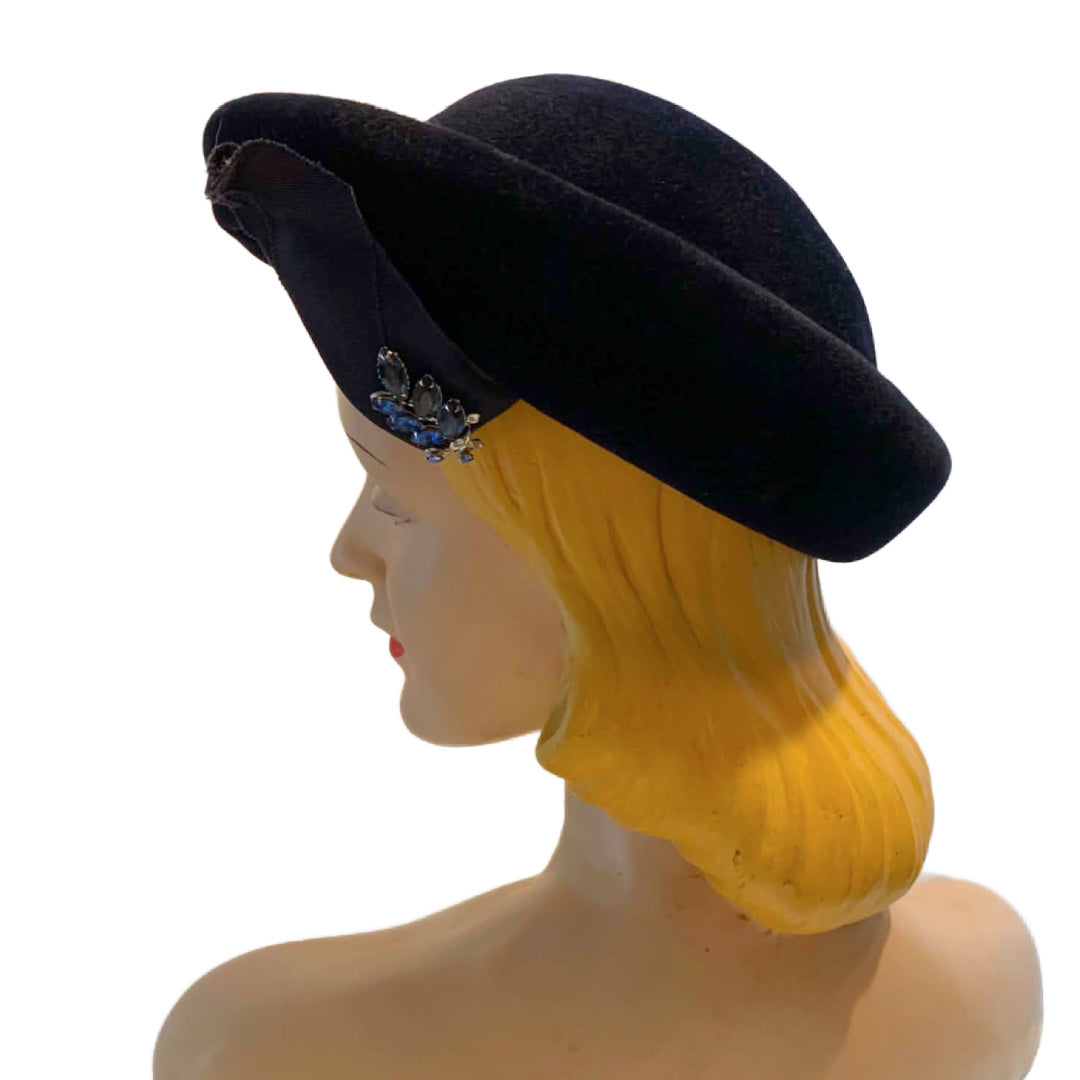 Midnight Blue Felted Wool Asymmetrical Hat with Rhinestones circa 1950s