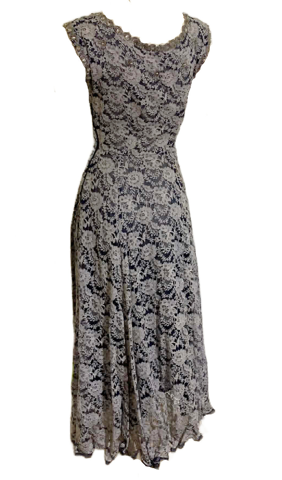 Deep Blue and White Lace Full Skirt Party Dress with Beading and Rhinestones circa 1950s