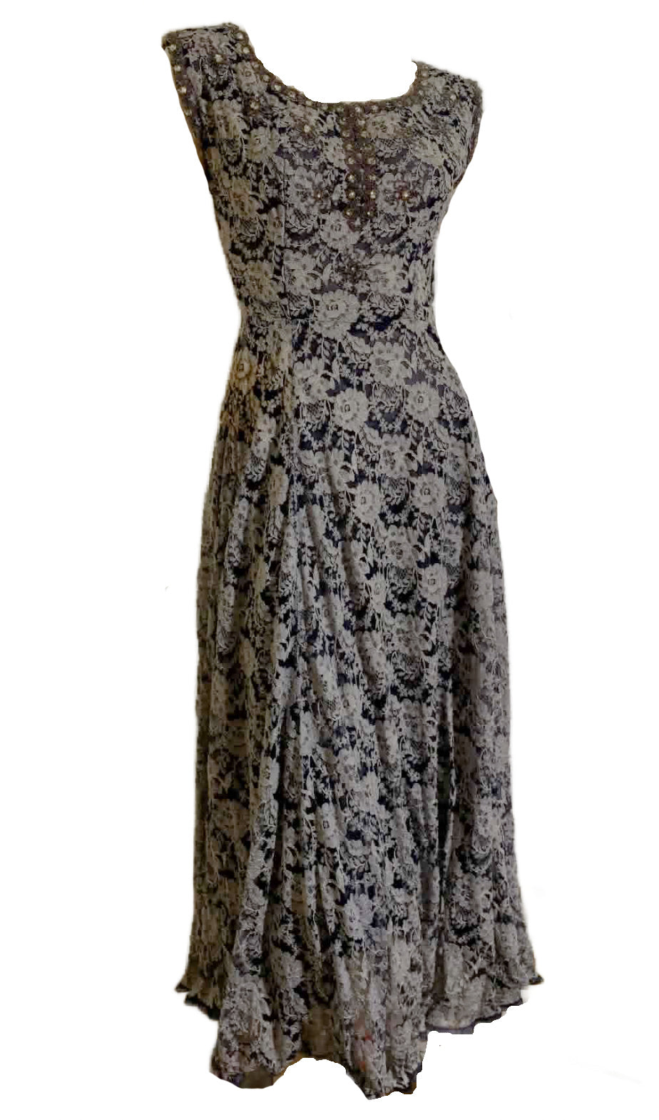 Deep Blue and White Lace Full Skirt Party Dress with Beading and Rhinestones circa 1950s
