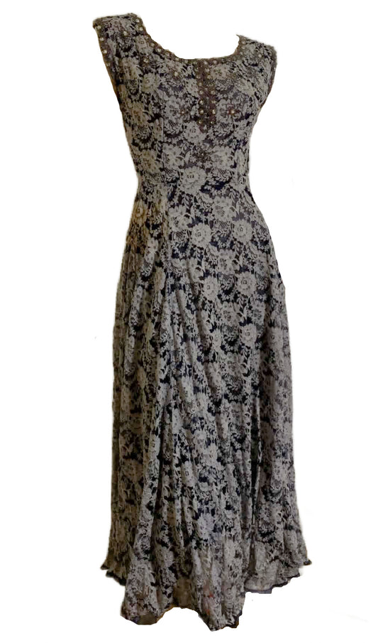 Deep Blue and White Lace Full Skirt Party Dress with Beading and Rhinestones circa 1950s