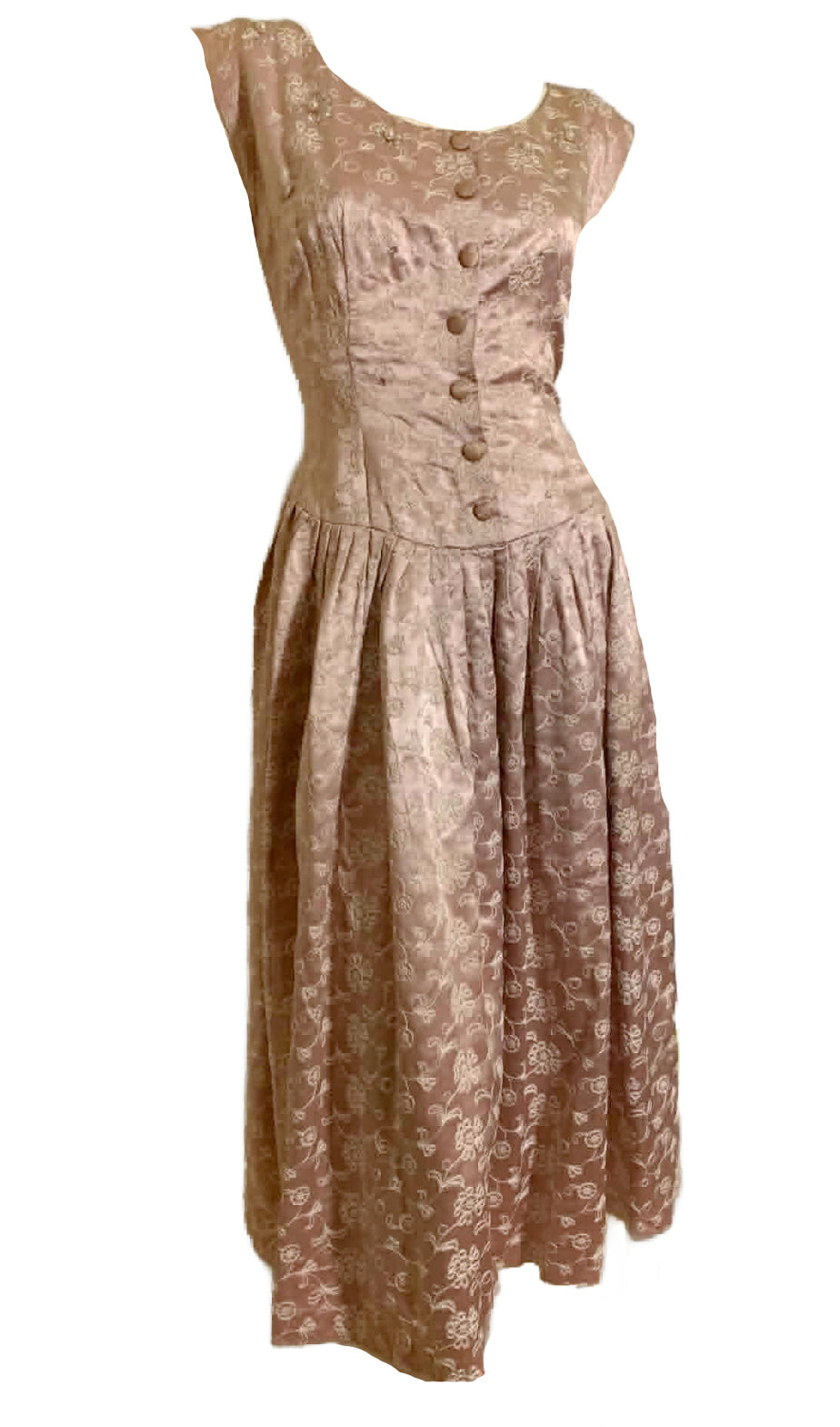 Antique Pale Pink Satin Embroidered Party Dress with Rhinestones circa 1950s