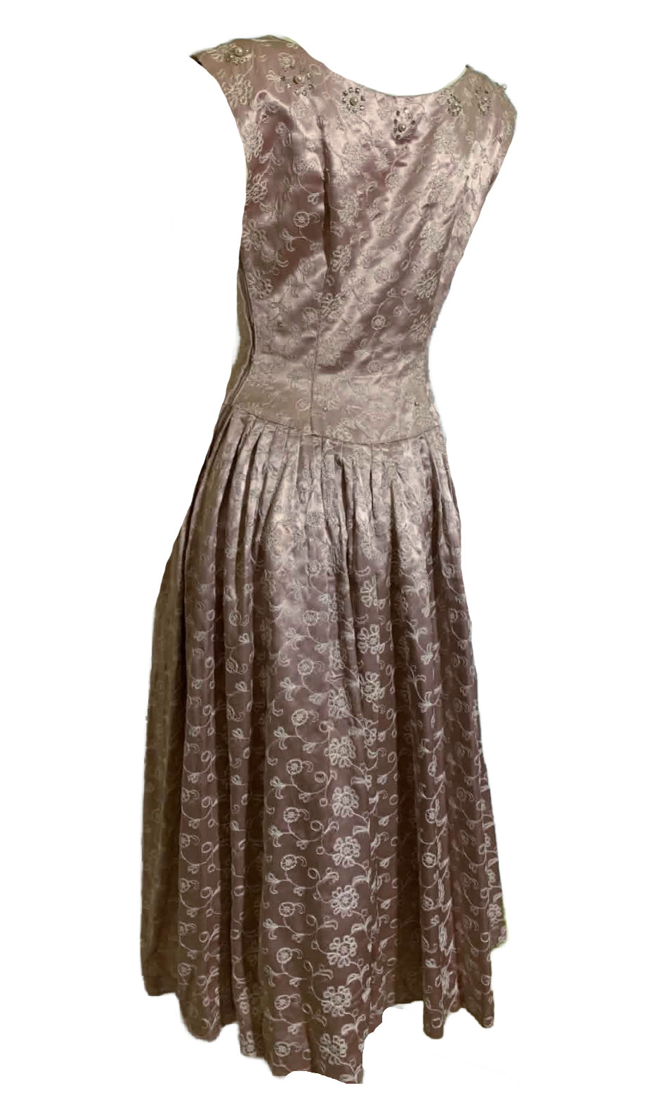 Antique Pale Pink Satin Embroidered Party Dress with Rhinestones circa 1950s