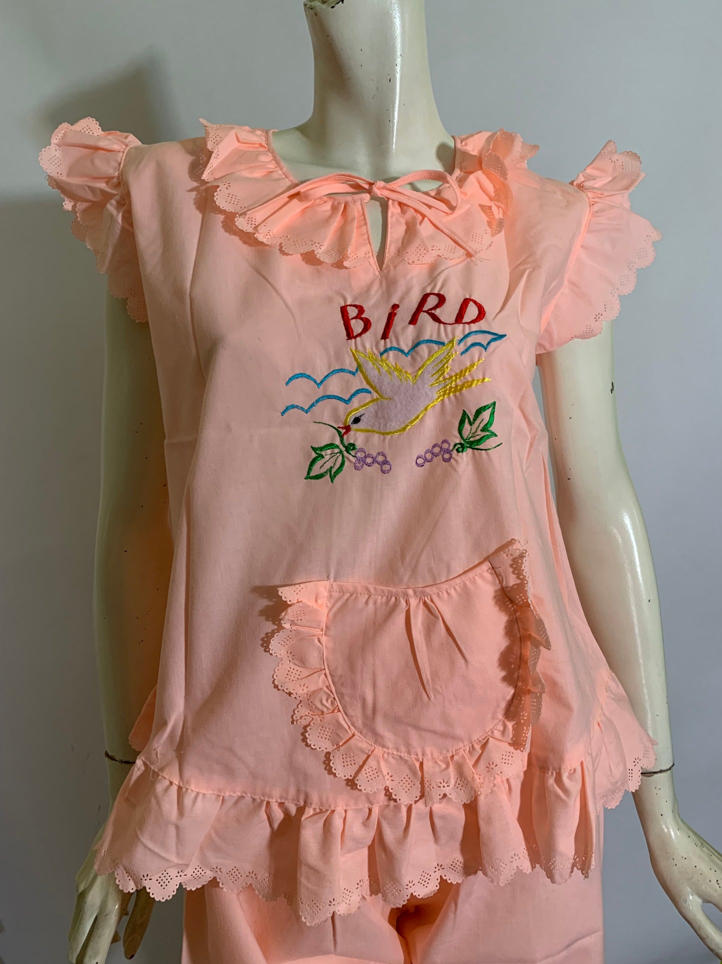 Souvenir Style Bird Embroidered Peach Cotton 1930s Style Pajama Set circa 1980s