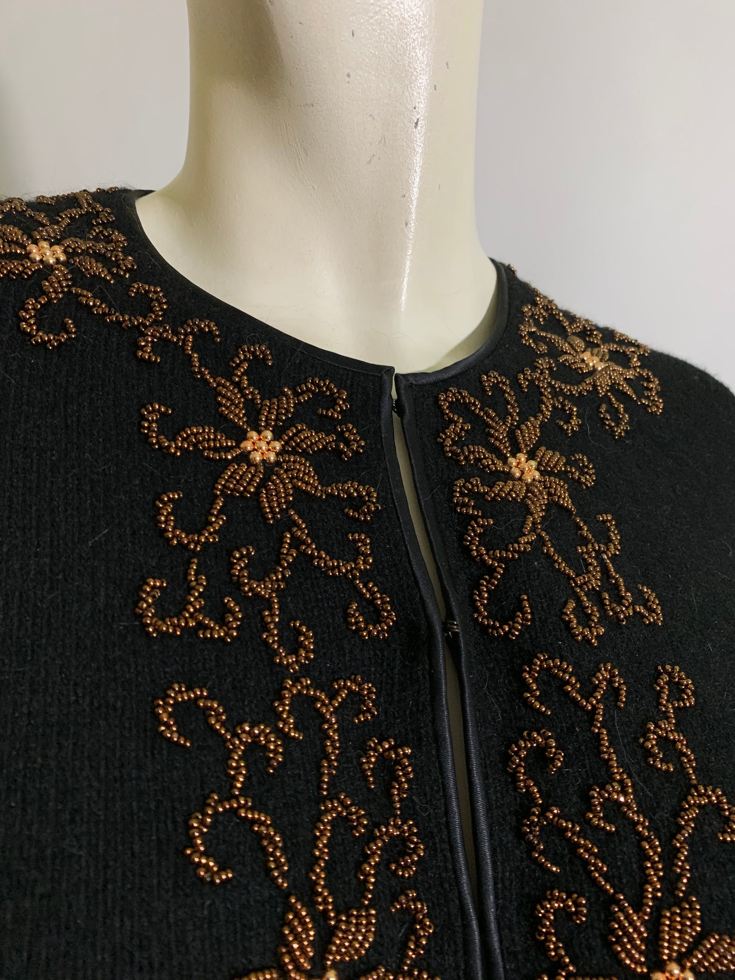 Jet Black Cardigan Sweater with Copper Beaded Flowers circa 1960s