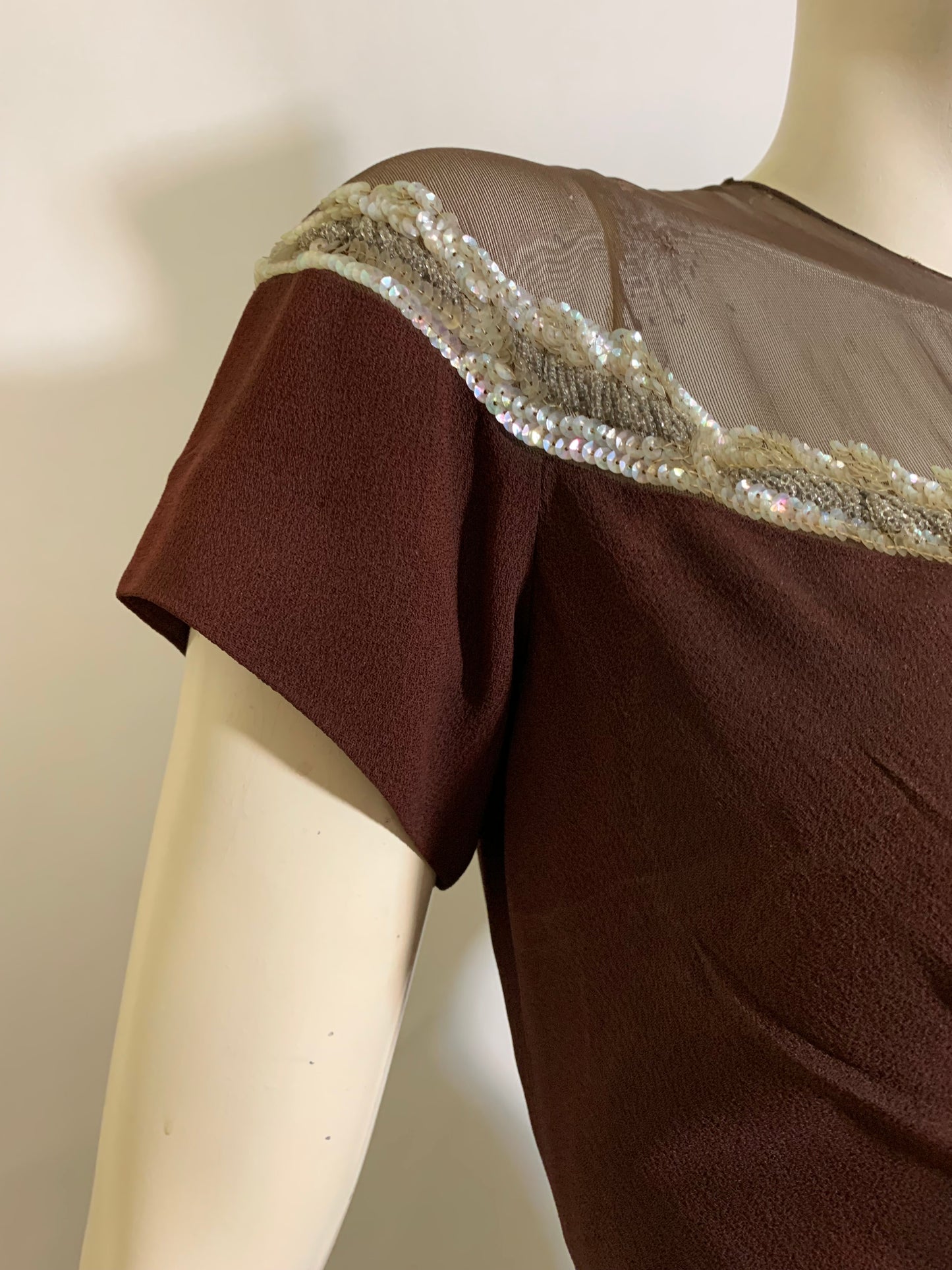 Hot Cocoa Colored Crepe Rayon Ruched Front Evening Dress with Beads and Sequins circa 1940s