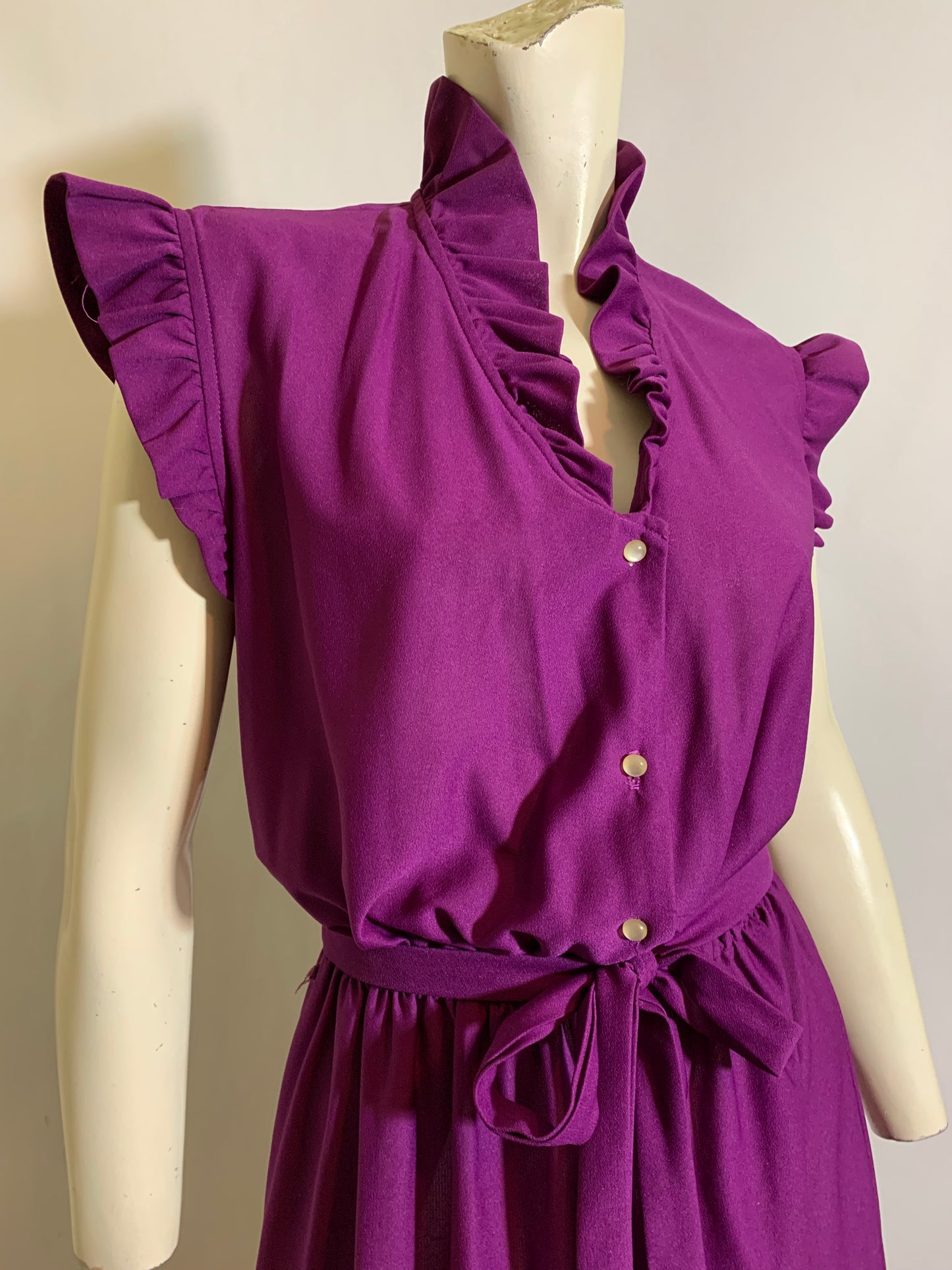 Deep Violet  Crepe Nylon Ruffled Dress circa 1980s