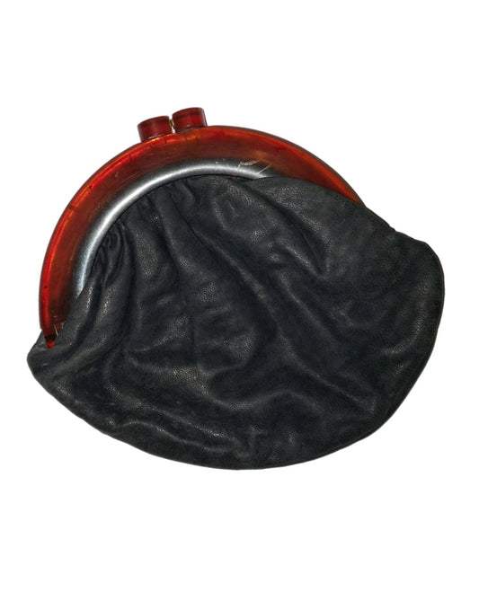 Black Leather Handbag with Tortoise Shell Colored Handle Pink Lining circa 1940s