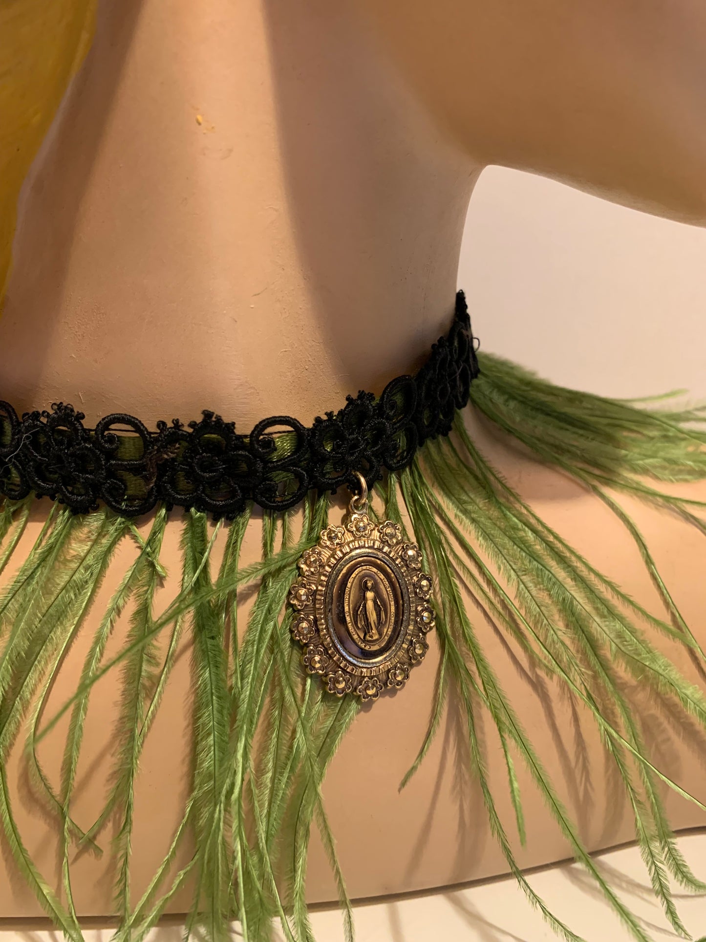 Madonna- the Reimagined Black Victorian Lace Choker Necklace Chartreuse Feathers and Madonna Pendant