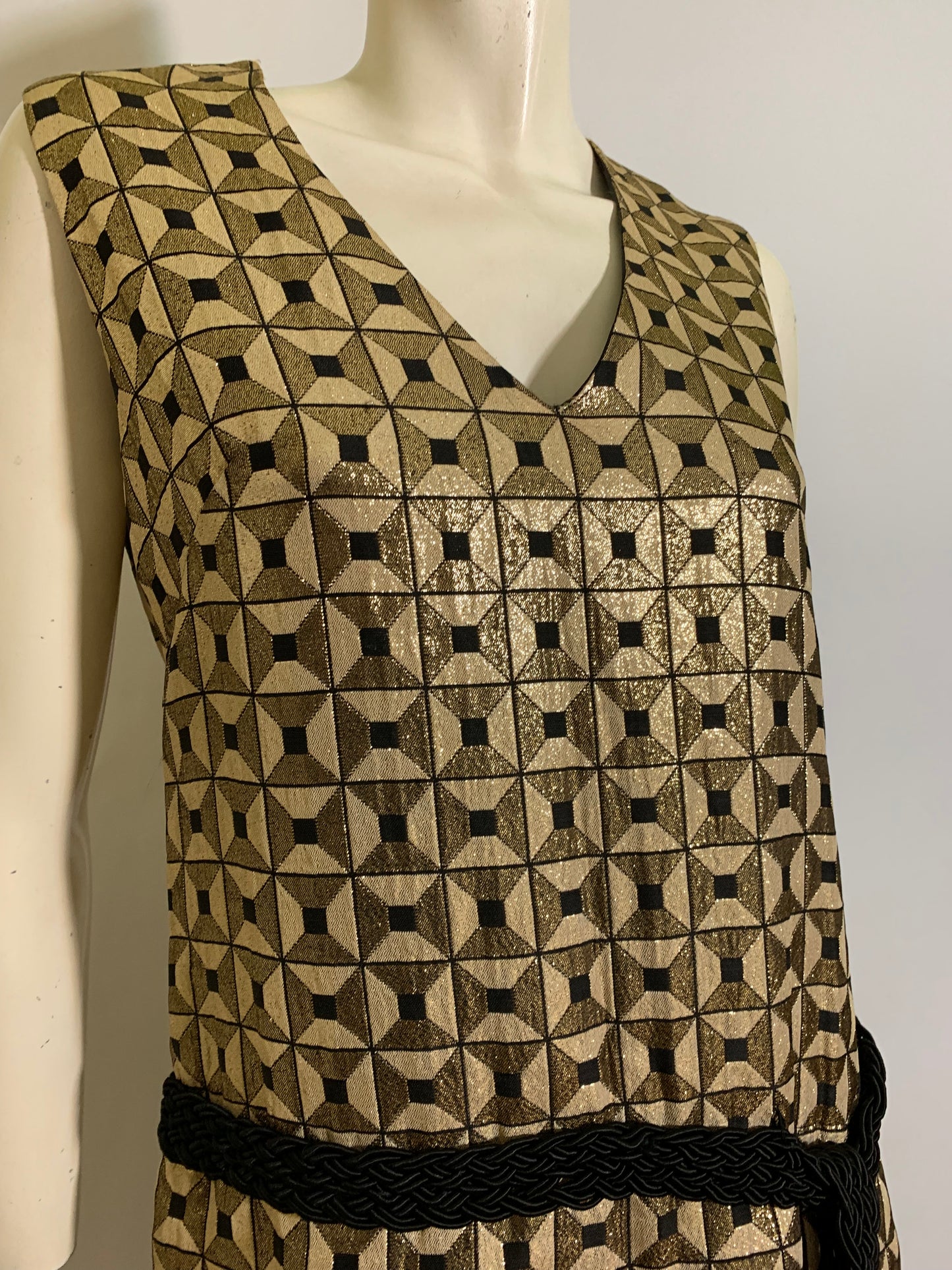 20s Inspired Gold and Black Metallic Bodice Mini Dress Pleated Skirt circa 1960s