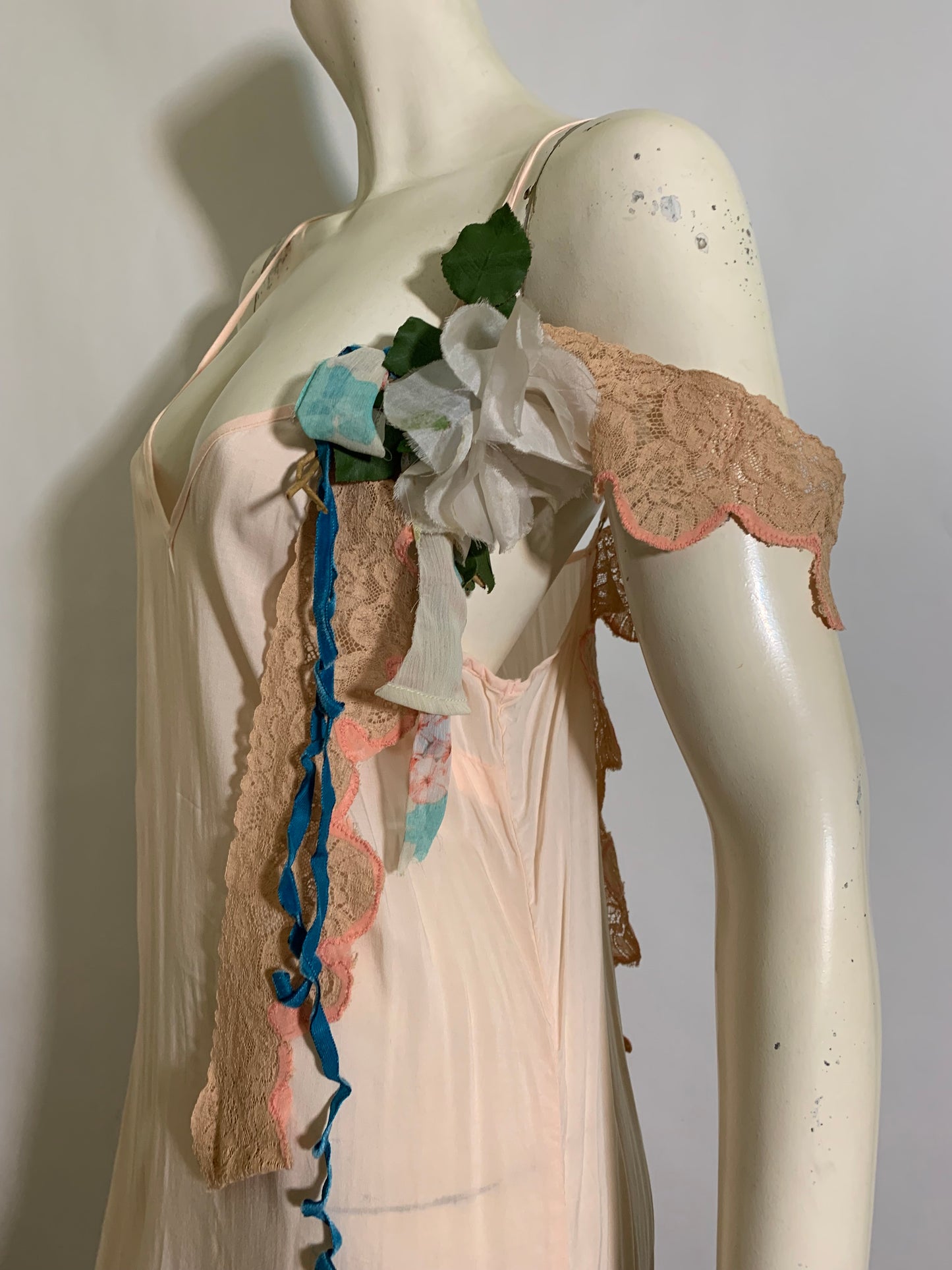 Pageant Girl Peach Reimagined Cotton Slip Dress with Vintage Millinery, Lace and Ribbons