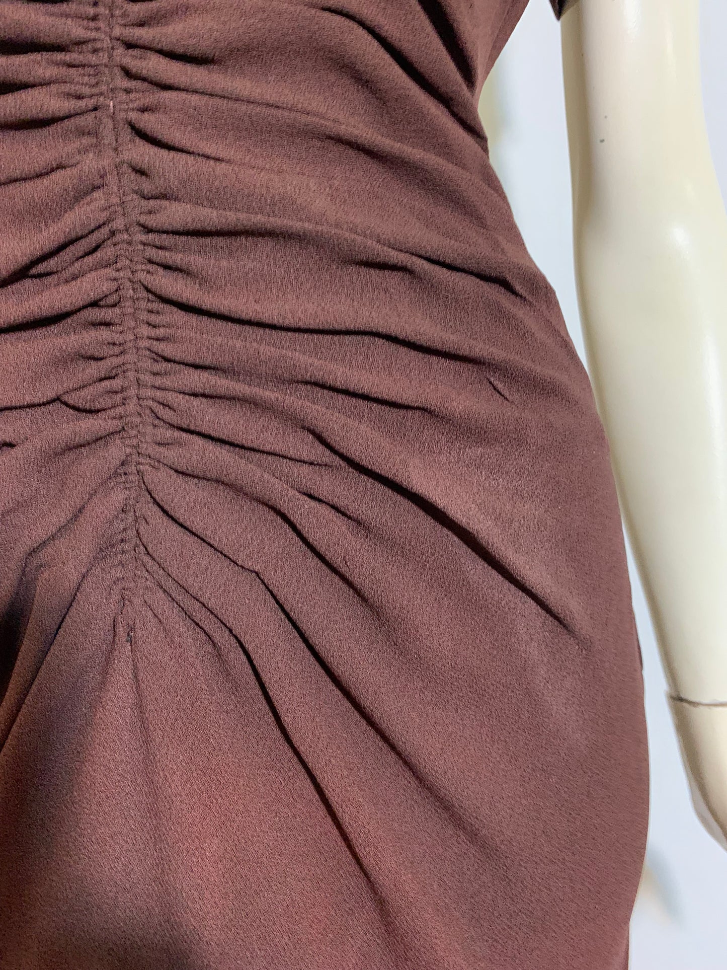 Hot Cocoa Colored Crepe Rayon Ruched Front Evening Dress with Beads and Sequins circa 1940s