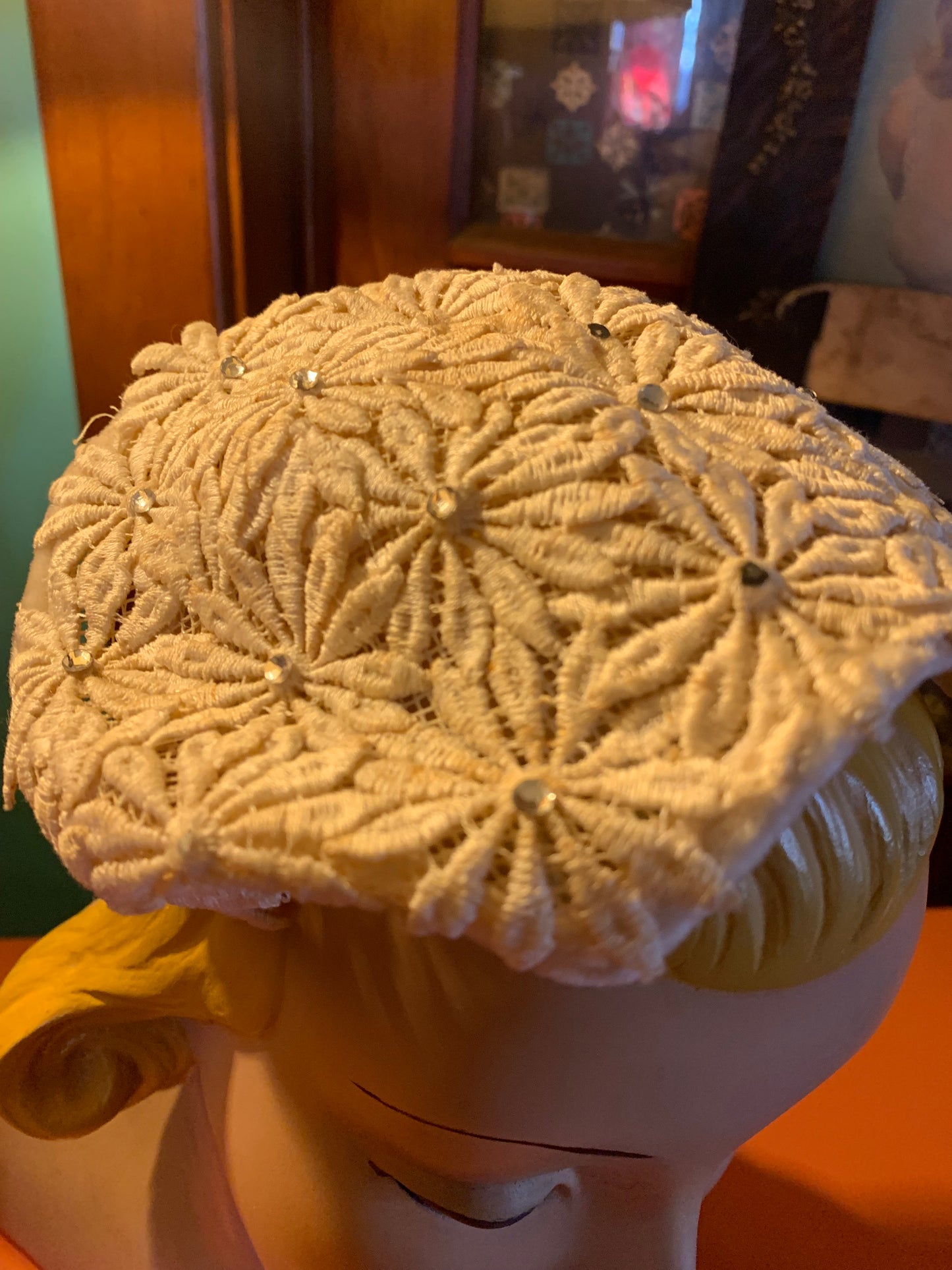 Wintry White Lace Cocktail Hat with Rhinestones circa 1950s