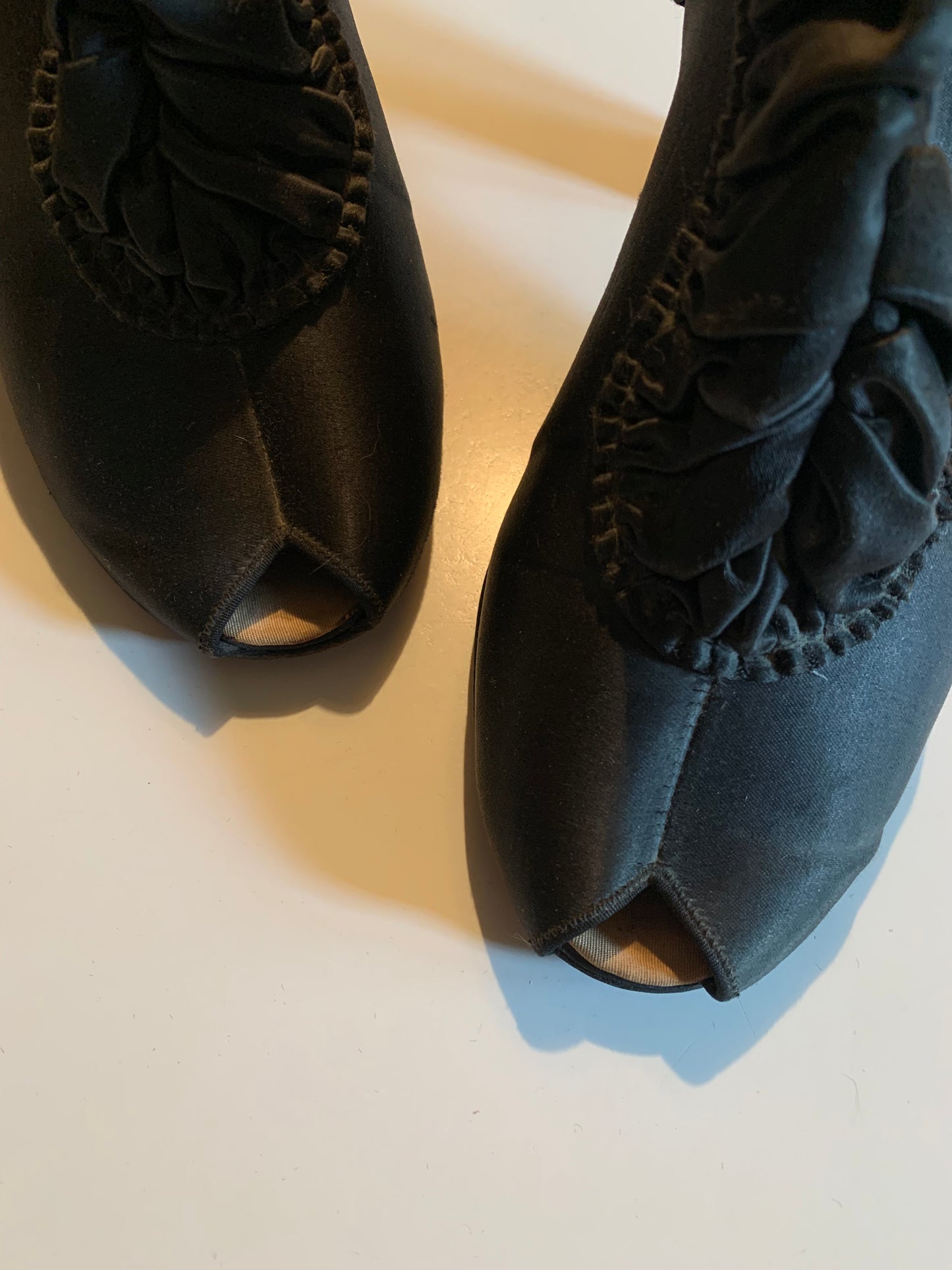 Black Satin Ruffled Slingback Boudoir Slippers Shoes "Frou Frou" circa 1930s