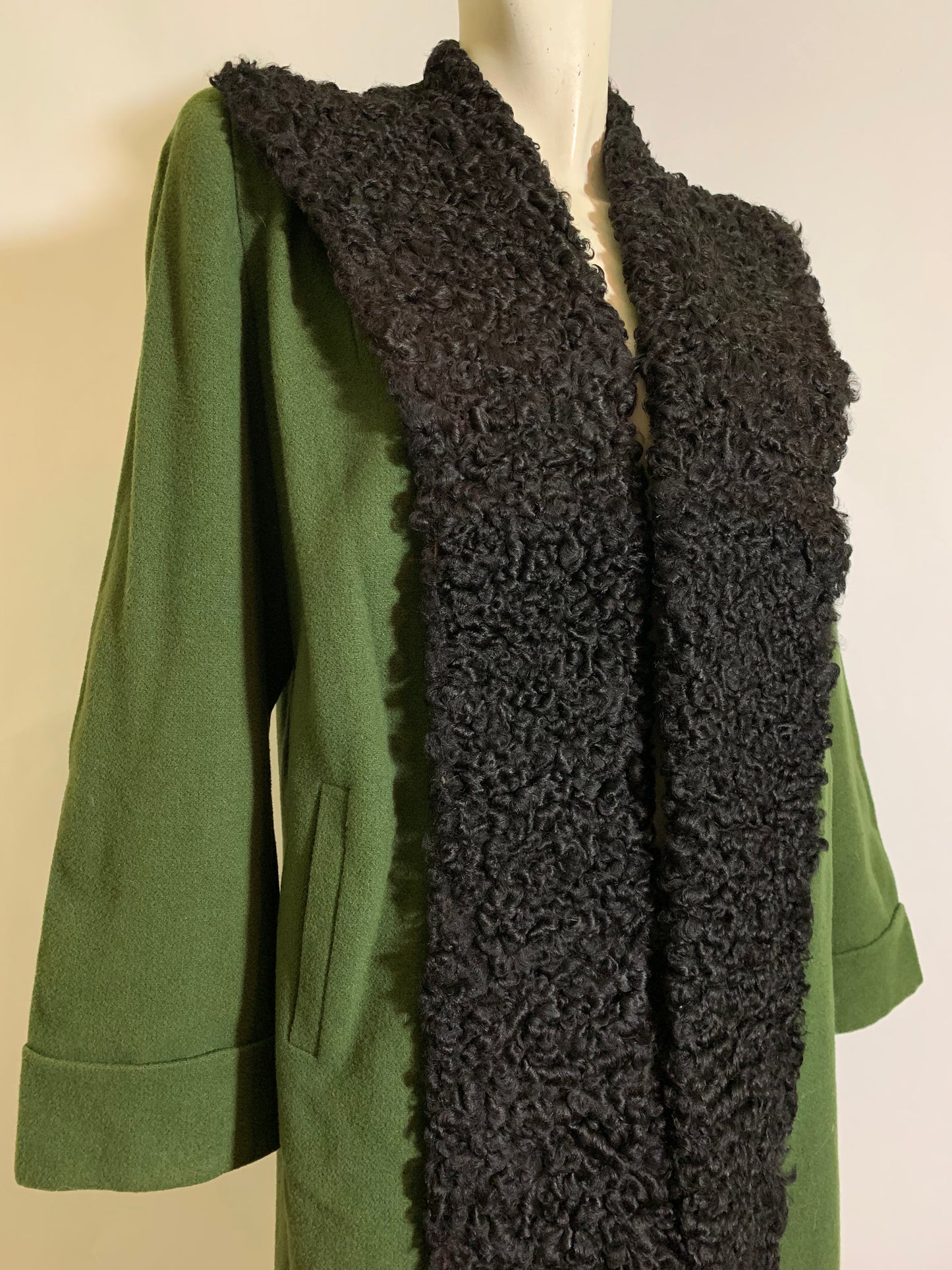 Olive Green Wool Coat with Dramatic Black Persian Lamb Collar circa 1940s