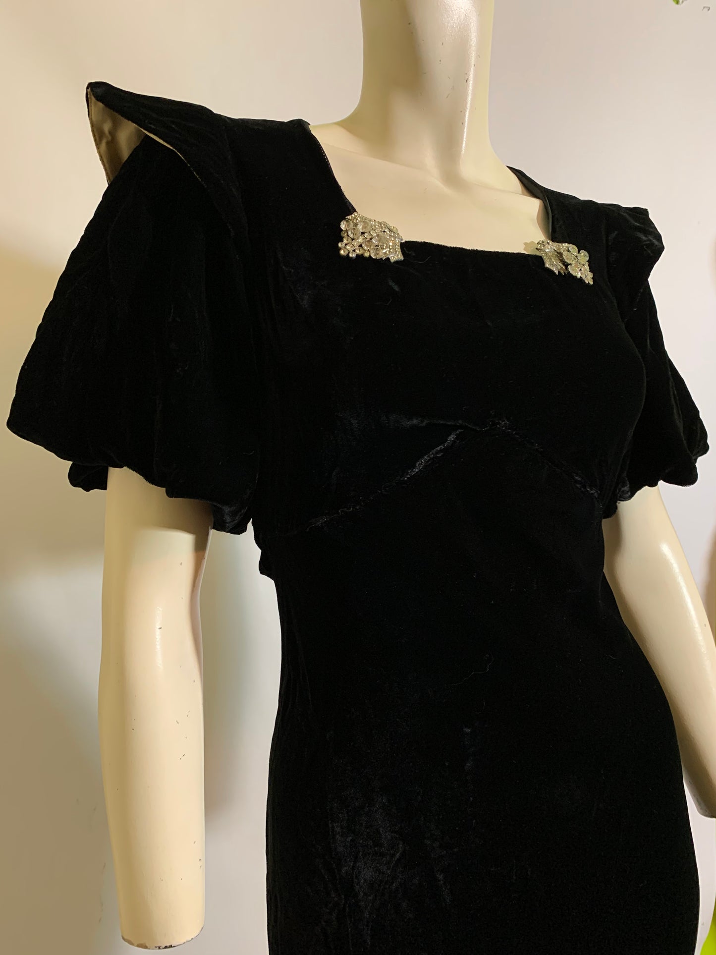 Ebony Silk Velvet Bias Cut Dress with Puff Sleeve and Art Deco Satin Back Shoulder Accents circa 1930s