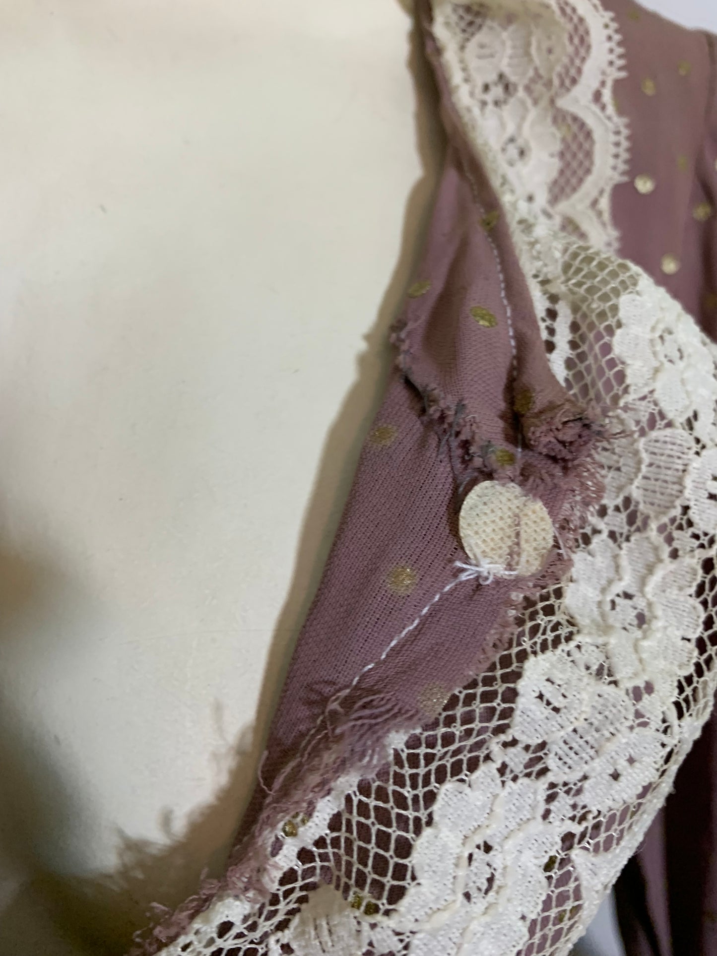 Antiqued Violet Rayon Robe with Metallic Gold Polka Dots and Lace circa 1940s