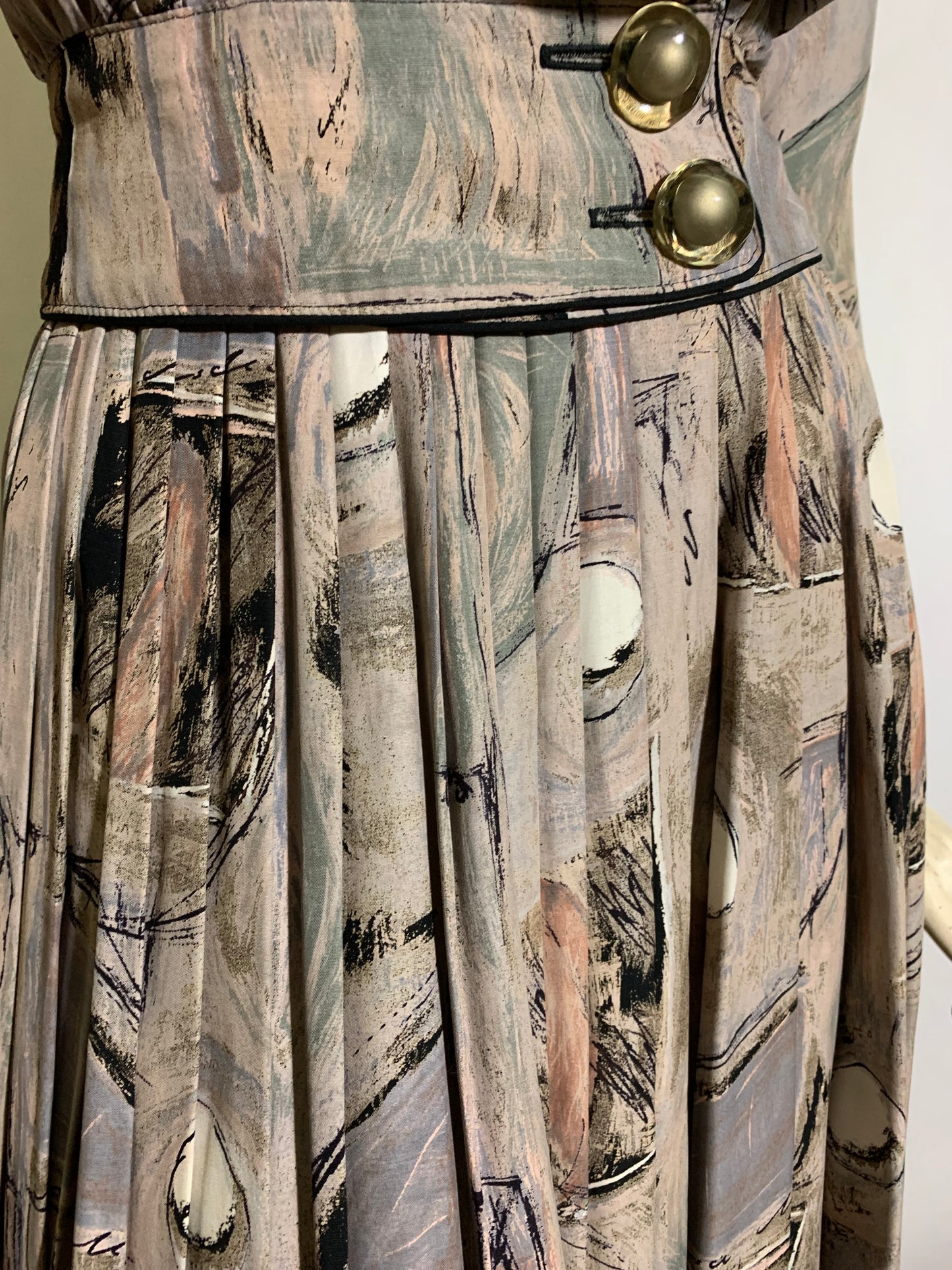 40s Inspired Abstract Art Print Rayon 2 Pc Dress Set circa 1980s