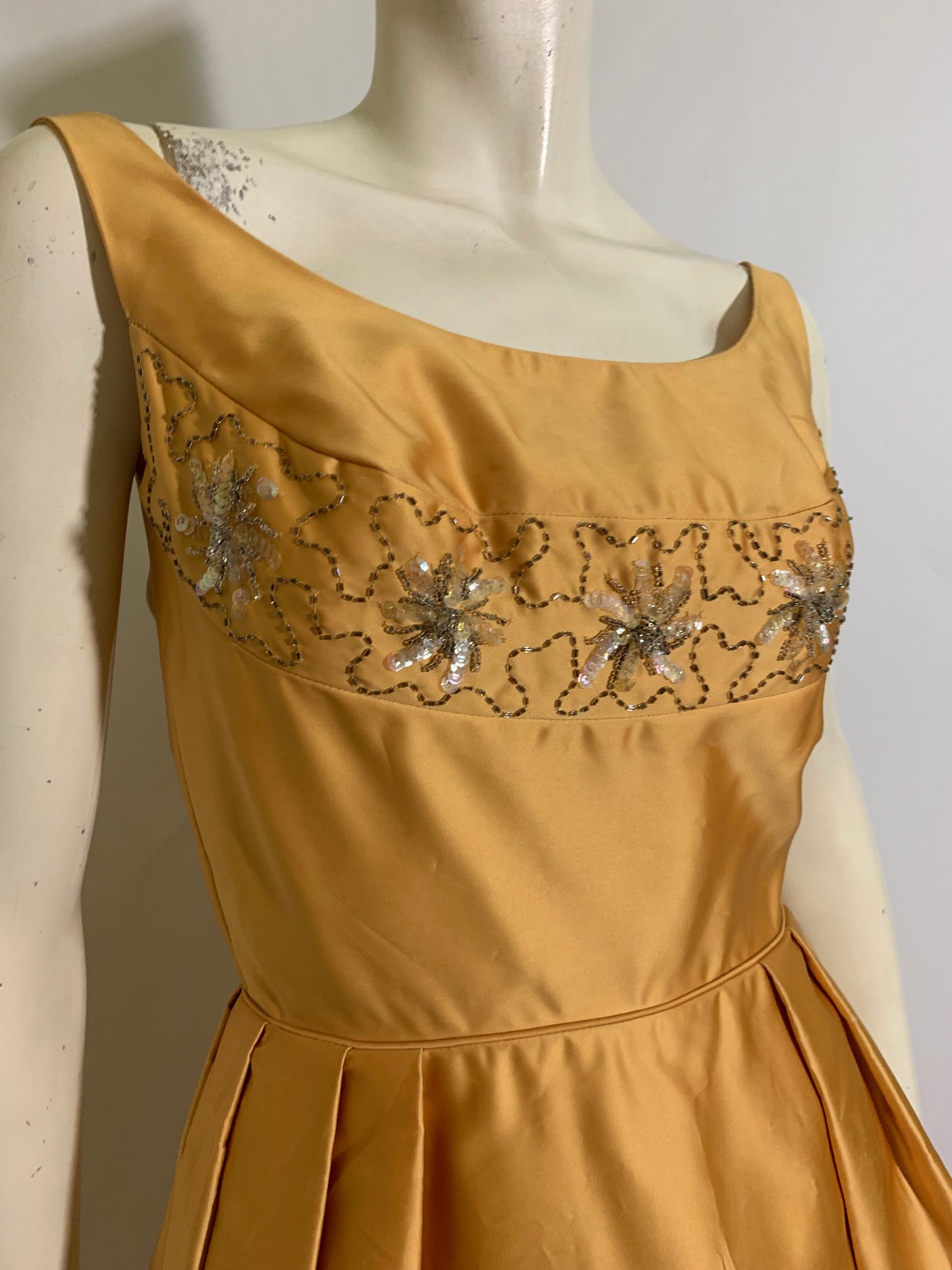 Golden Satin Cocktail Dress with Beading and Sequins circa 1960s
