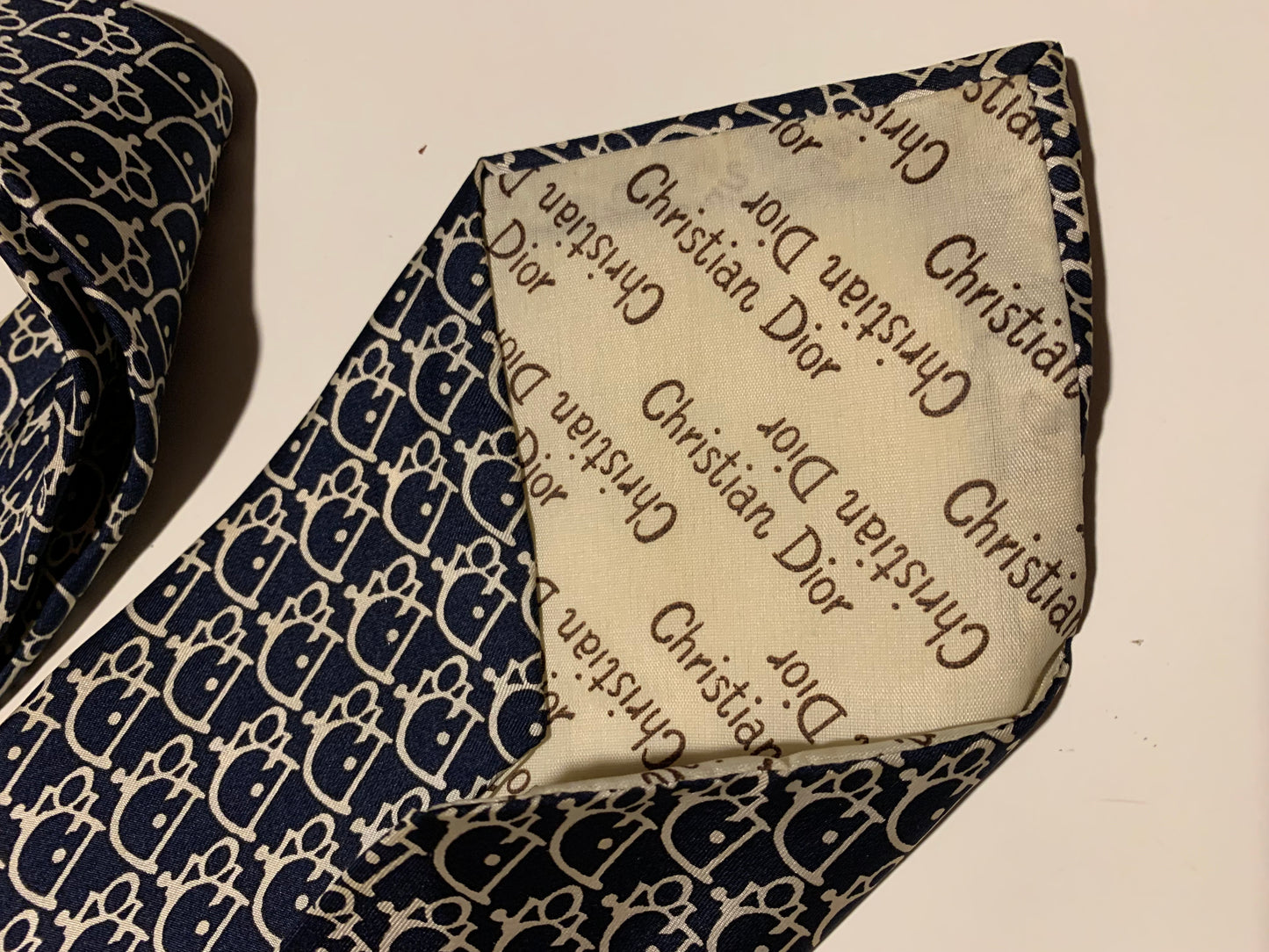 Christian Dior Logo Design Blue and White Silk Men's Tie circa 1990s