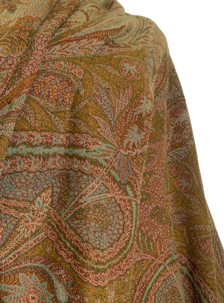 Turn of the Century Sage Green and Terra Cotta Paisley Brocade Wool Shawl circa 1900