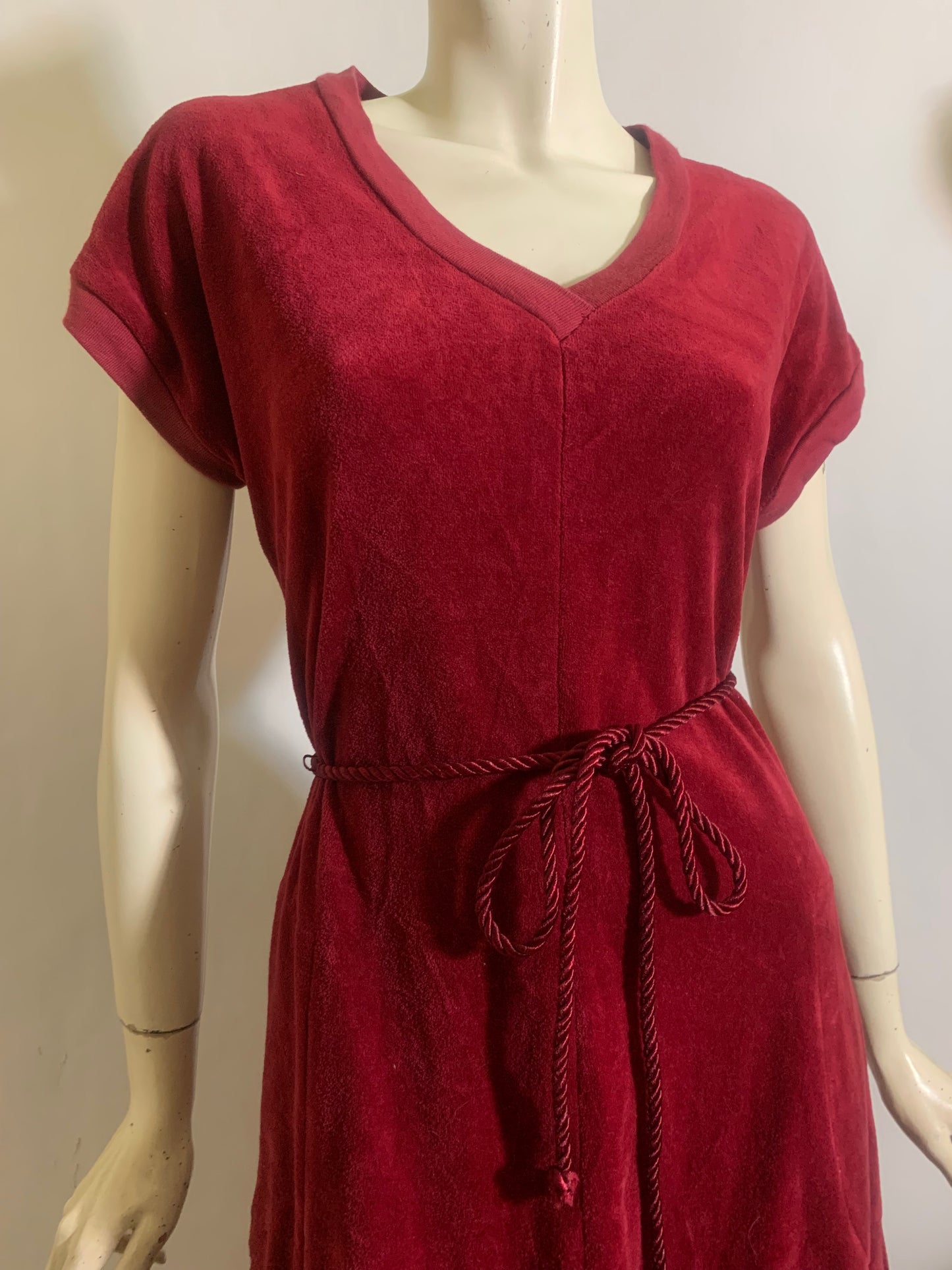 Burgundy Velour Dress with Cord Sash and Pockets circa 1980s