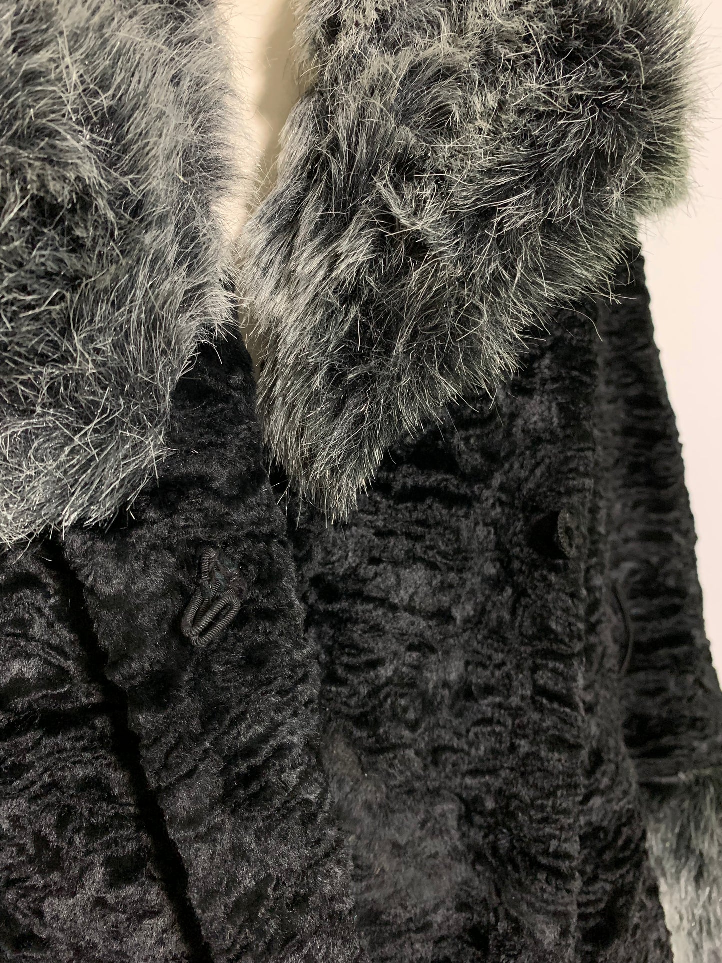 Faux Persian Lamb and Chinchilla "Fur" Coat with Frog Closure circa 1960s