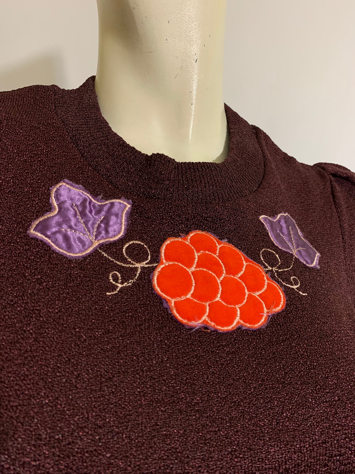 Aubergine Puff Sleeve Sweater with Leaves and Grapes circa 1970s