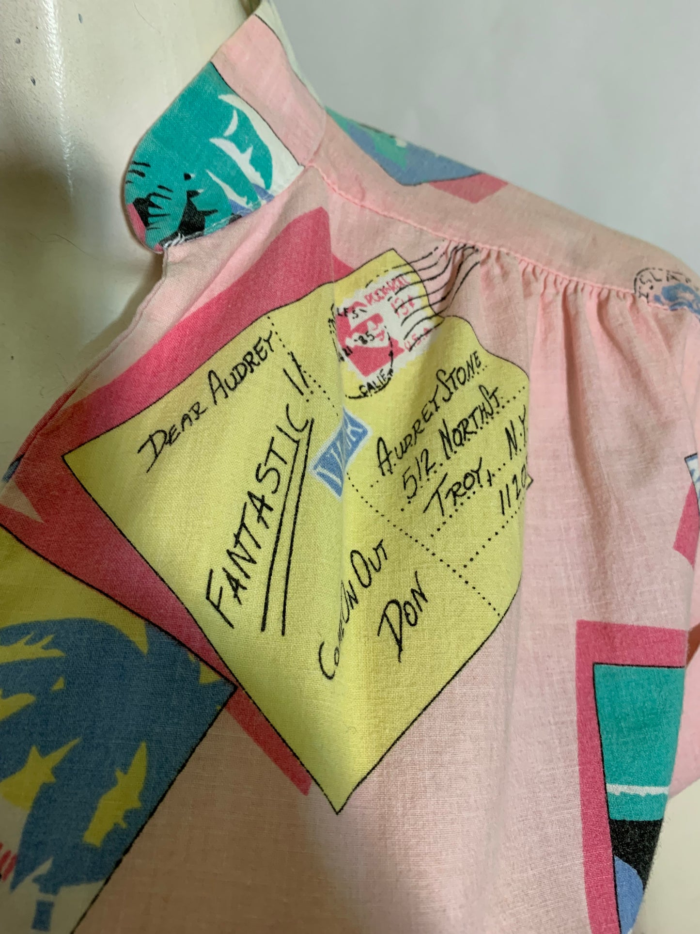 Pastel Pink Post Card Print Cotton Blouse circa 1980s