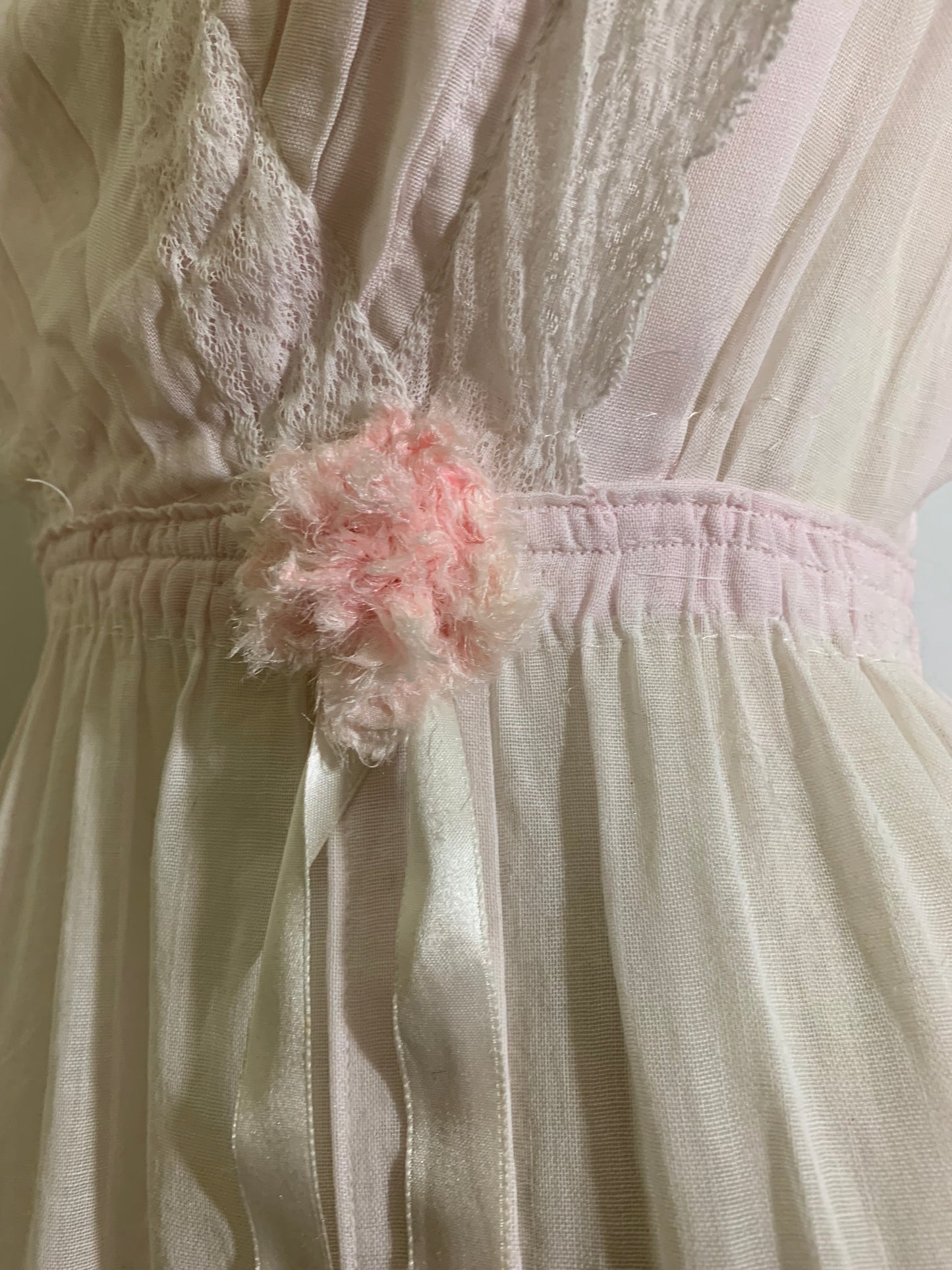 Palest Petal Pink Semi-Sheer Pink Cotton Edwardian Dress with Rosettes and Ribbon circa 1910s