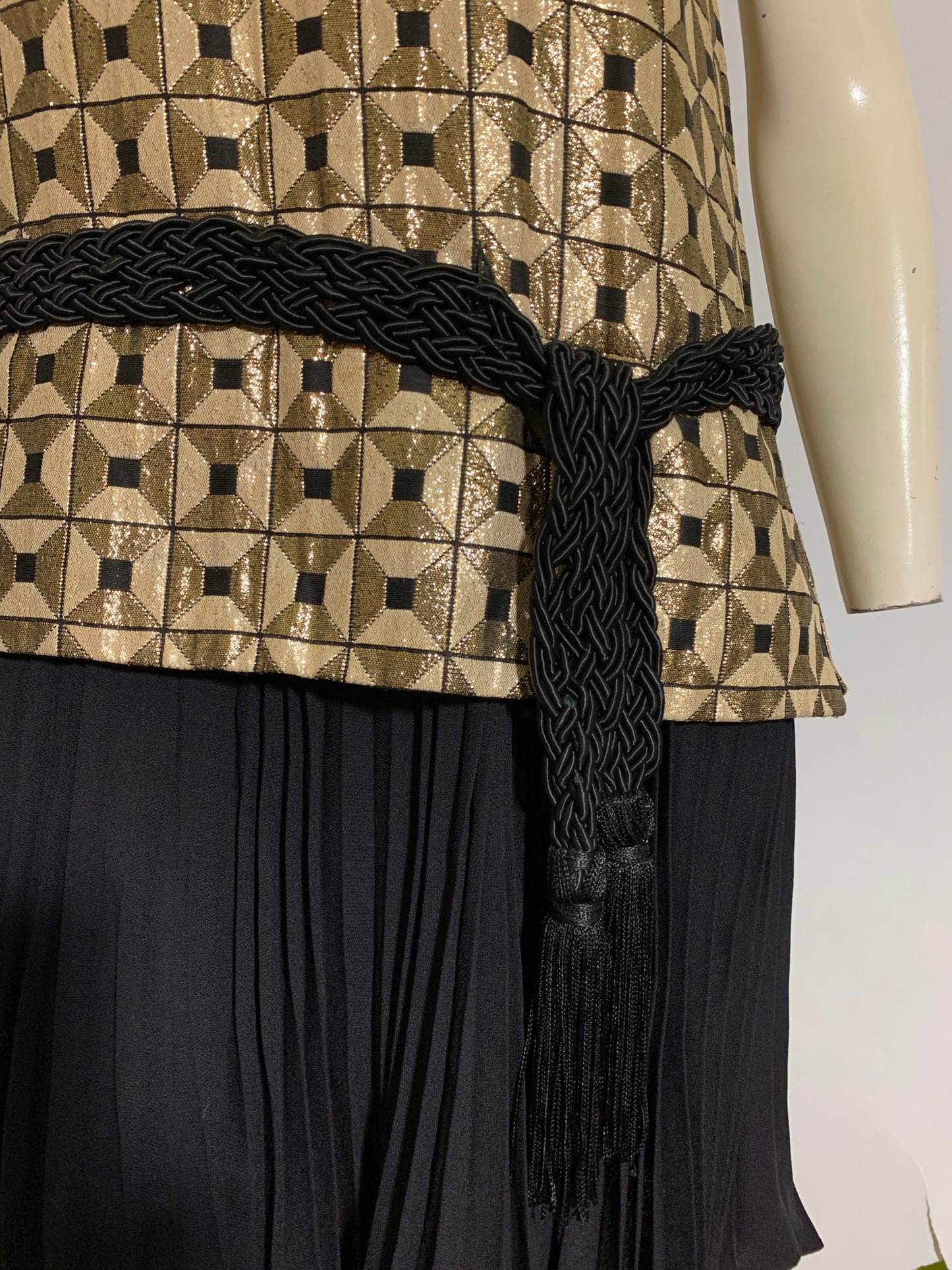 20s Inspired Gold and Black Metallic Bodice Mini Dress Pleated Skirt circa 1960s