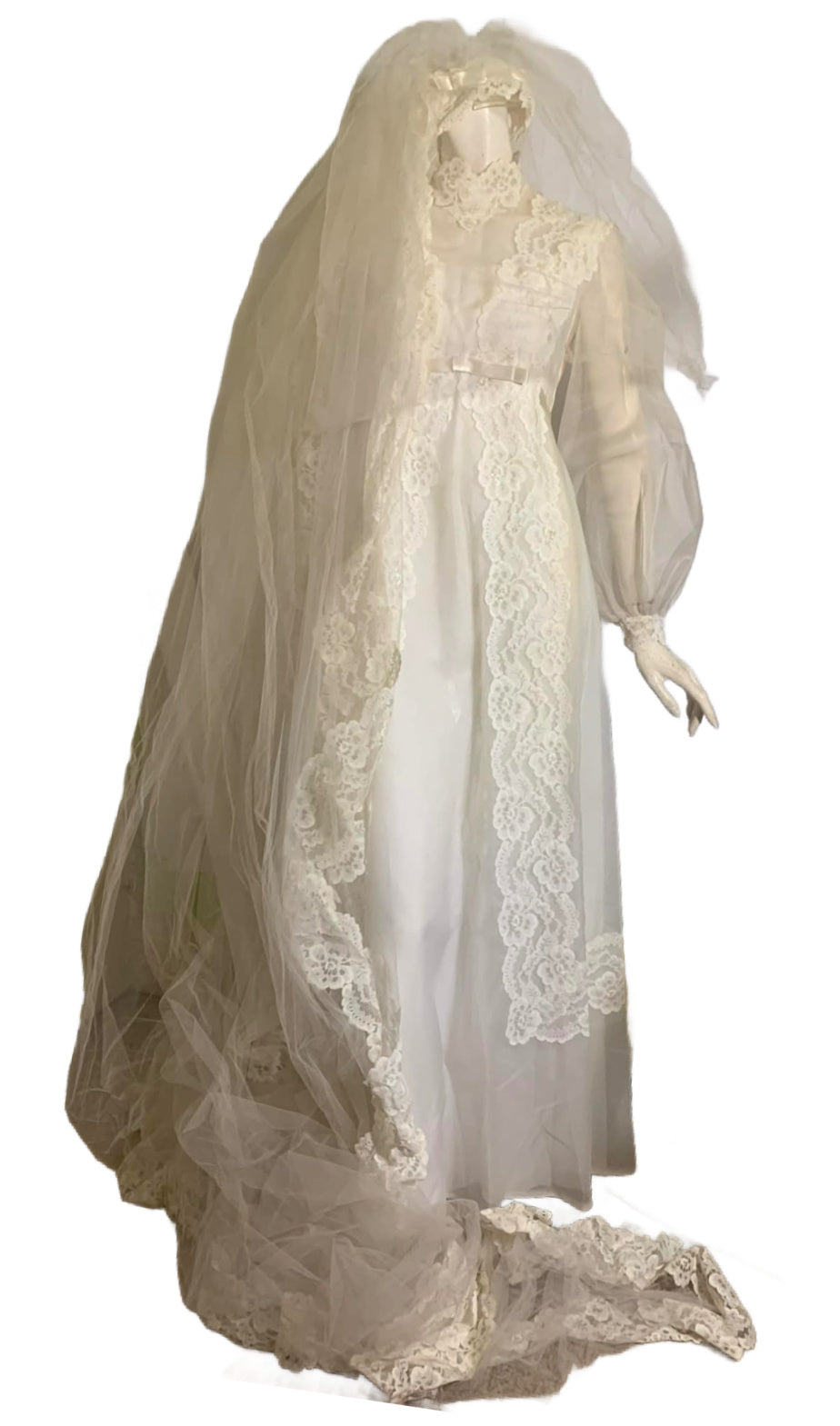 Regency Inspired Empire Waist Lace Trimmed Wedding Dress & Long Veil circa 1960s