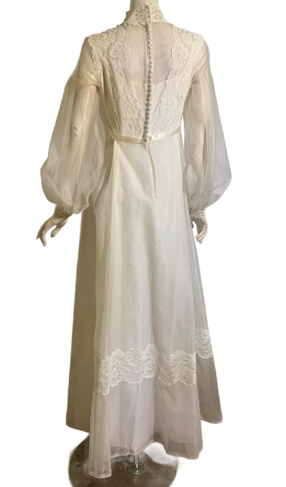 Regency Inspired Empire Waist Lace Trimmed Wedding Dress & Long Veil circa 1960s