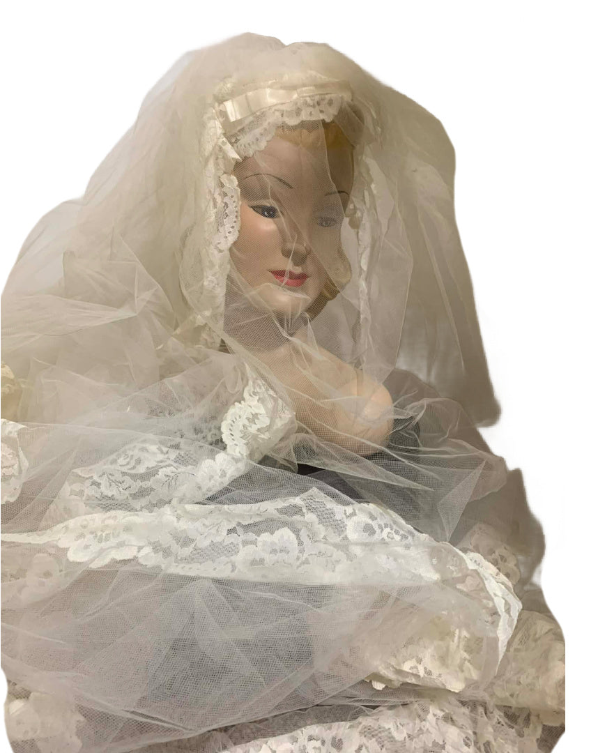 Regency Inspired Empire Waist Lace Trimmed Wedding Dress & Long Veil circa 1960s