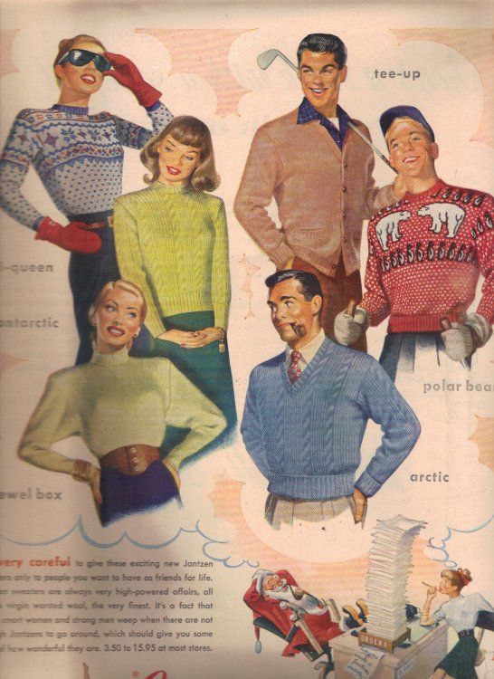 Red and White Intarsia Knit Ski Sweater with Reindeer and Bows circa 1940s