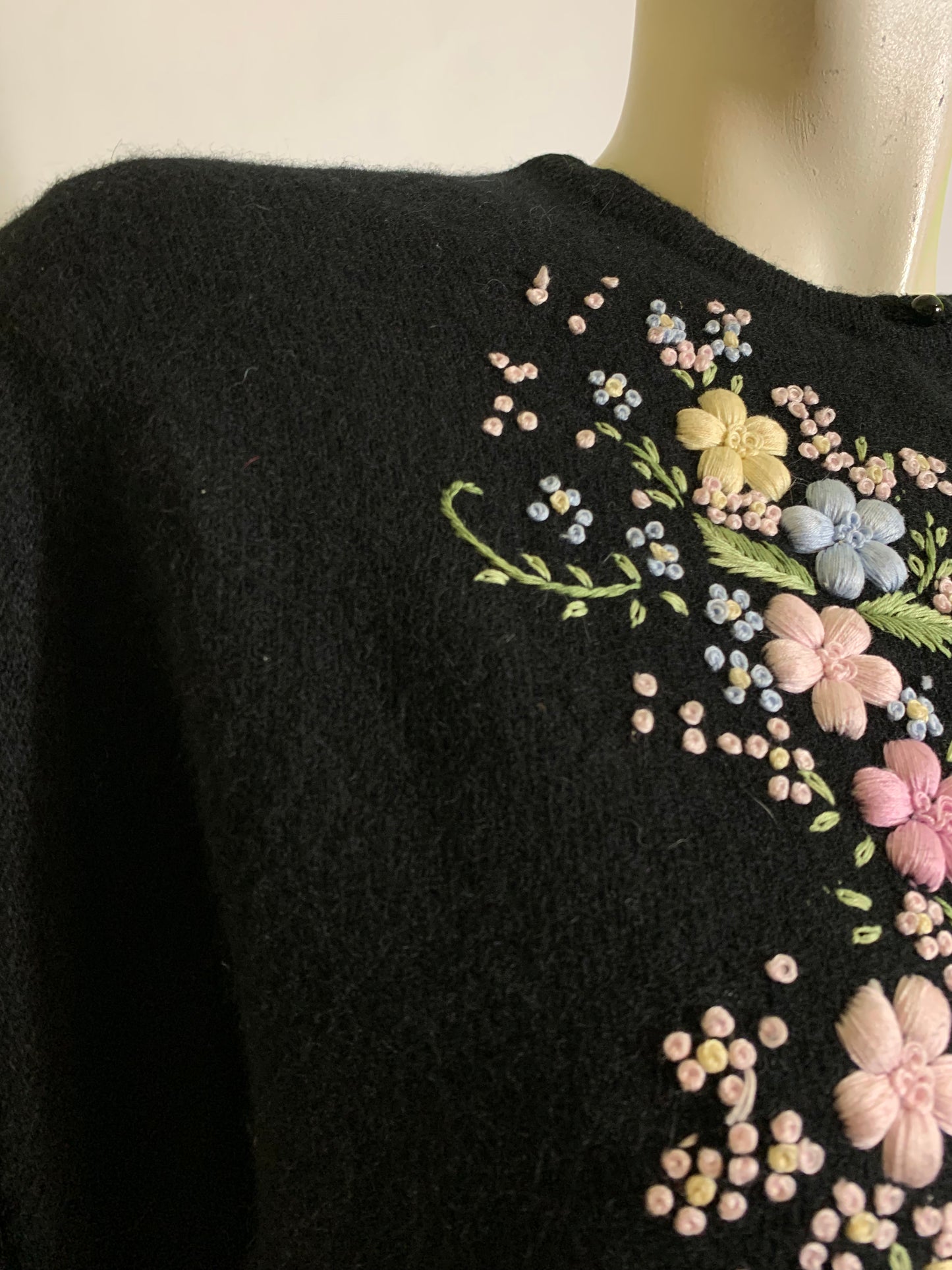 Black Cashmere Flower Embroidered Beaded Button Front Cardigan Sweater circa 1960s