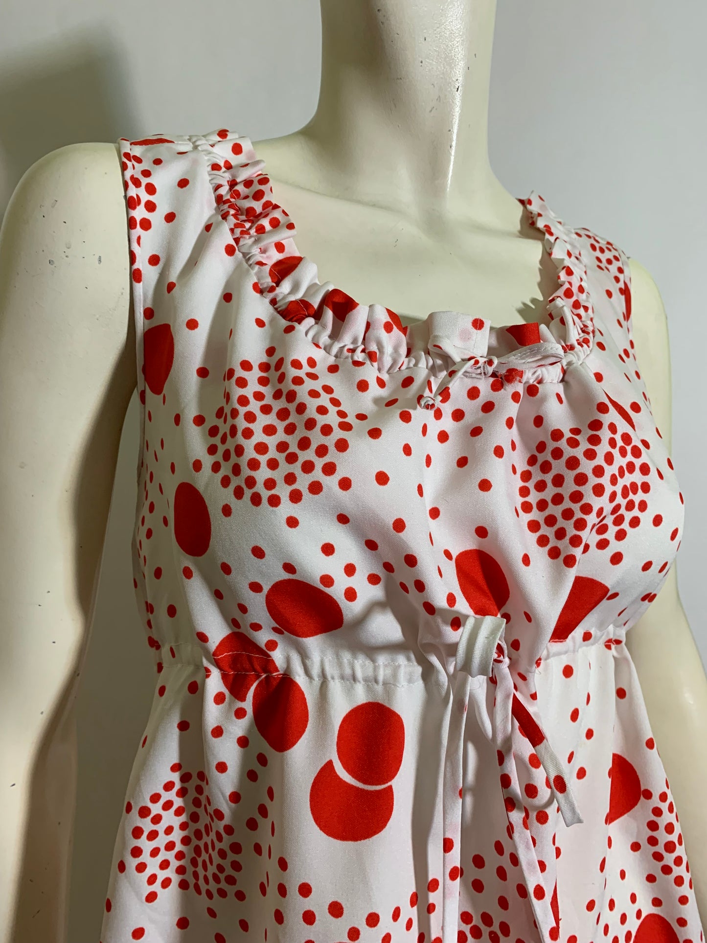 Candy Dot Red and White Ruffled Neckline Empire Waist Dress circa 1960s