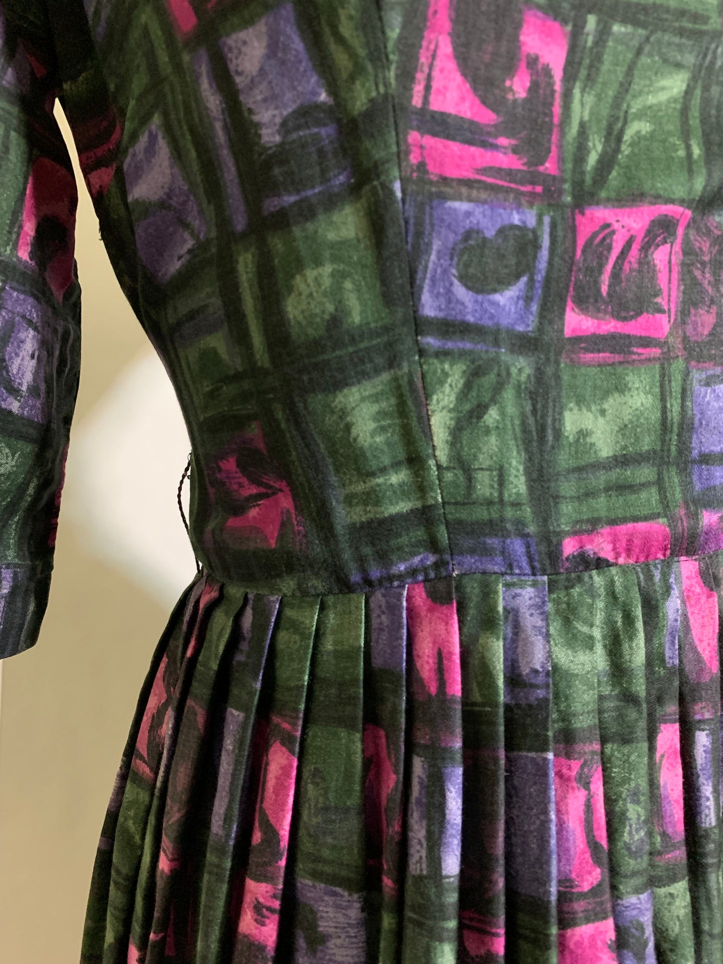 Pink and Green Abstract Print Cotton Dress with Full Skirt circa 1960s