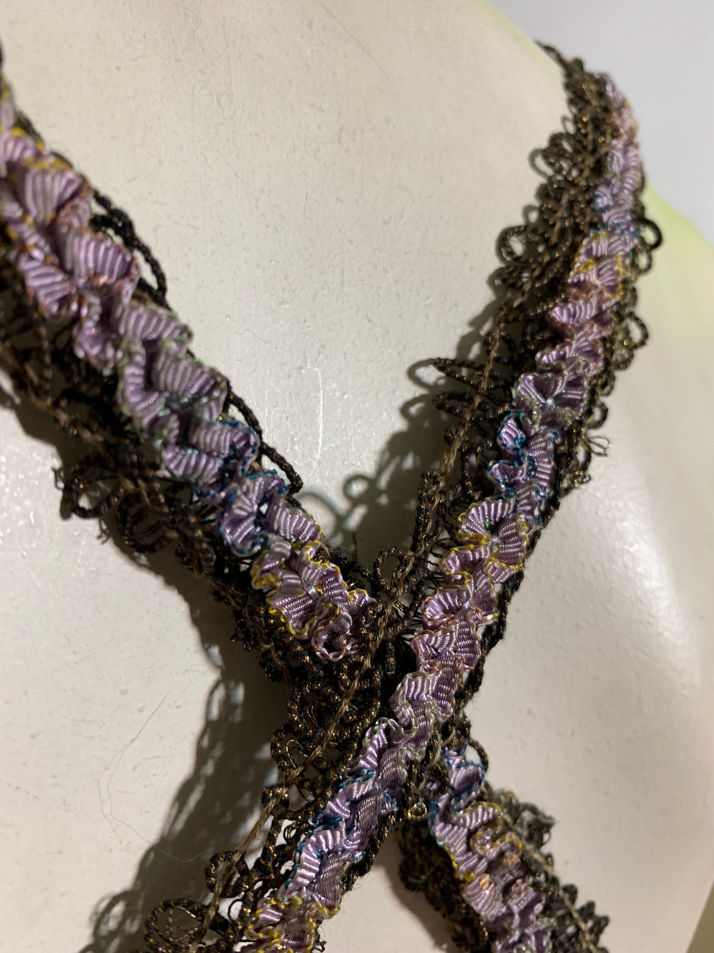 Bruise Violet Reimagined 1930s Sage Silk Dress with Violet Metallic Ribbon Straps and Flower Accent